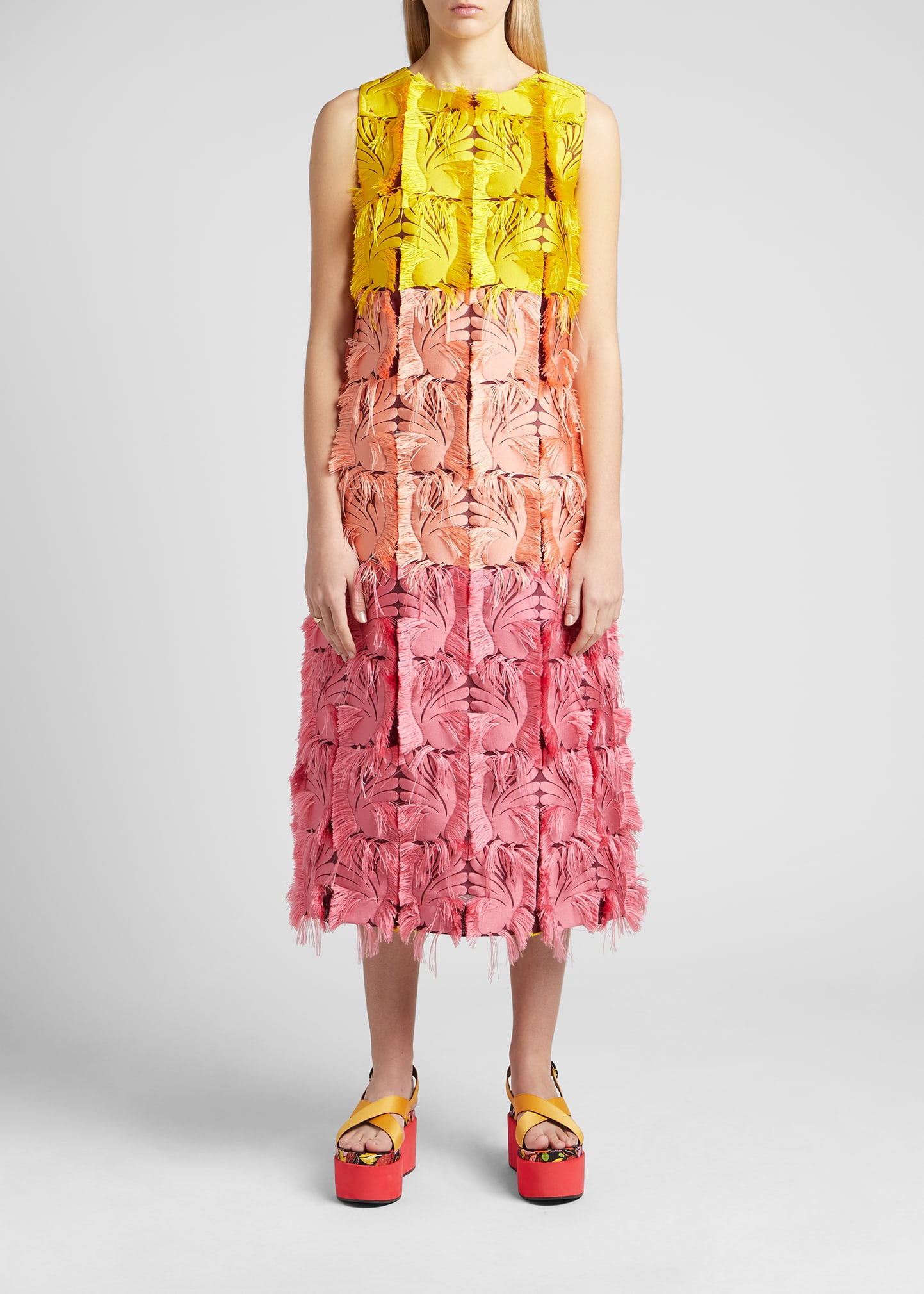 La Doublej Colorblock Patch Fringe-trim Midi Dress In Jacquard Multicol