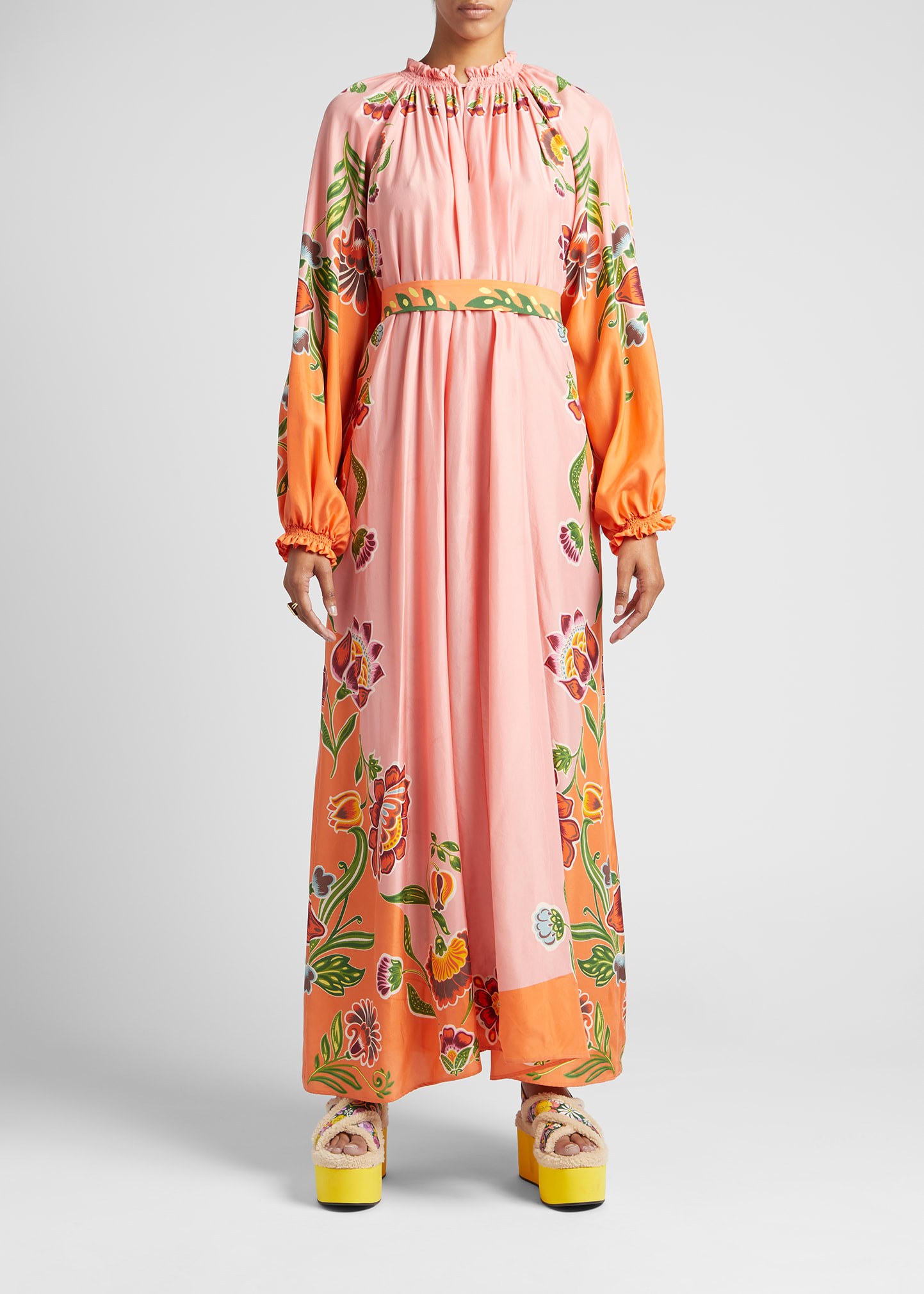 Cerere Floral Placed-Print Belted Maxi Silk Dress
