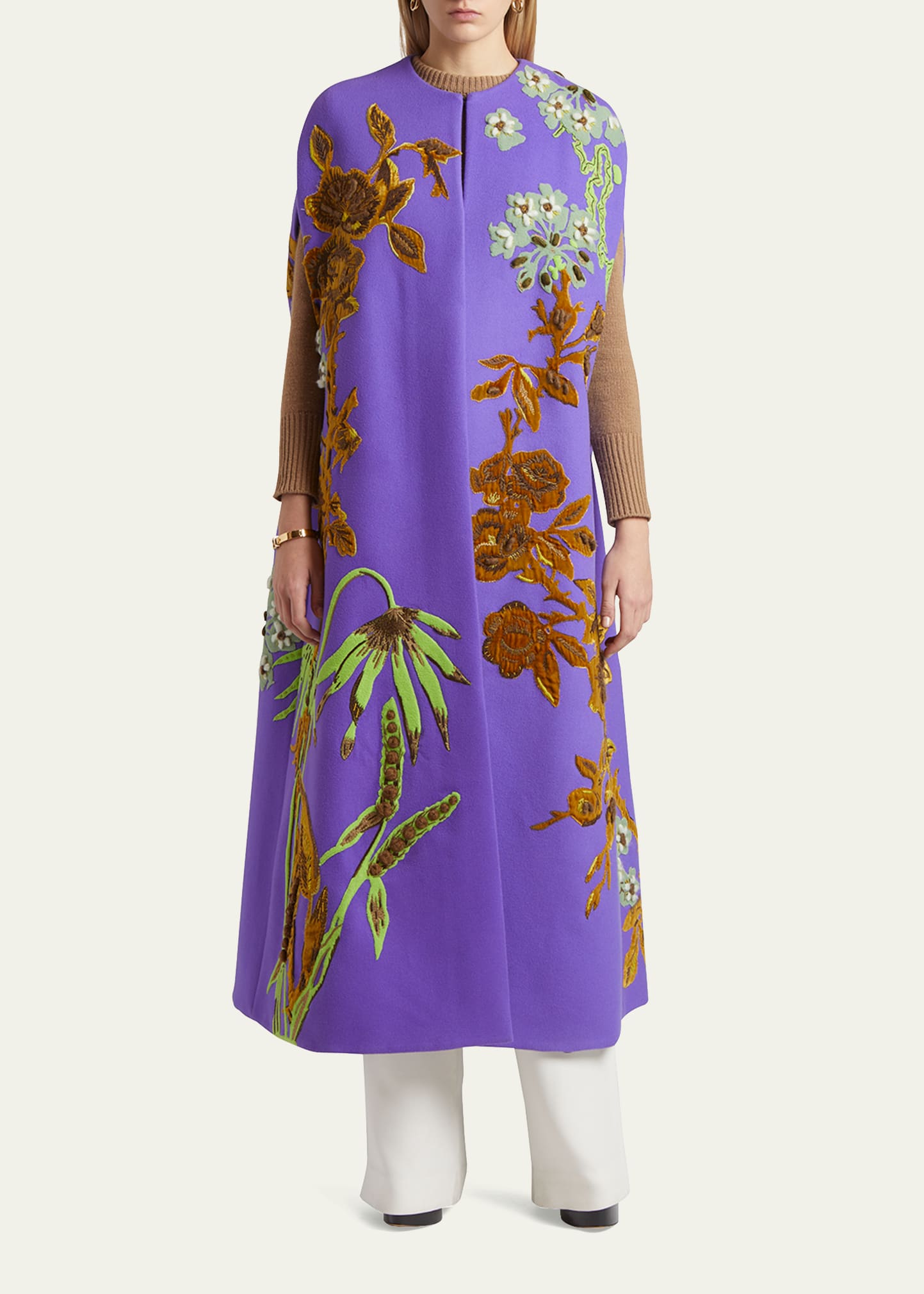 Floral Embroidered Cashmere Cape Coat