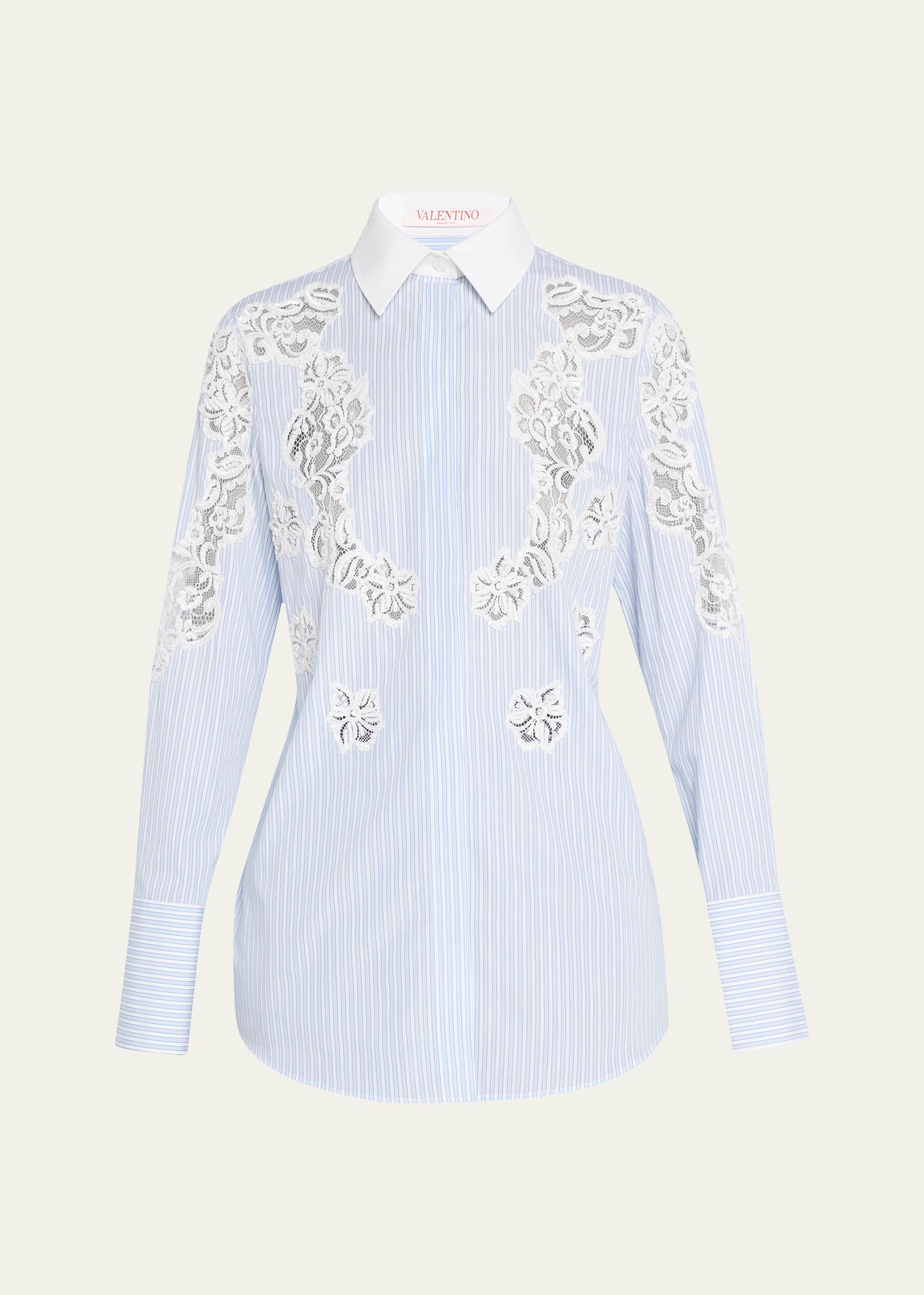Stripe Button-Front Blouse w/ Lace Embroidery