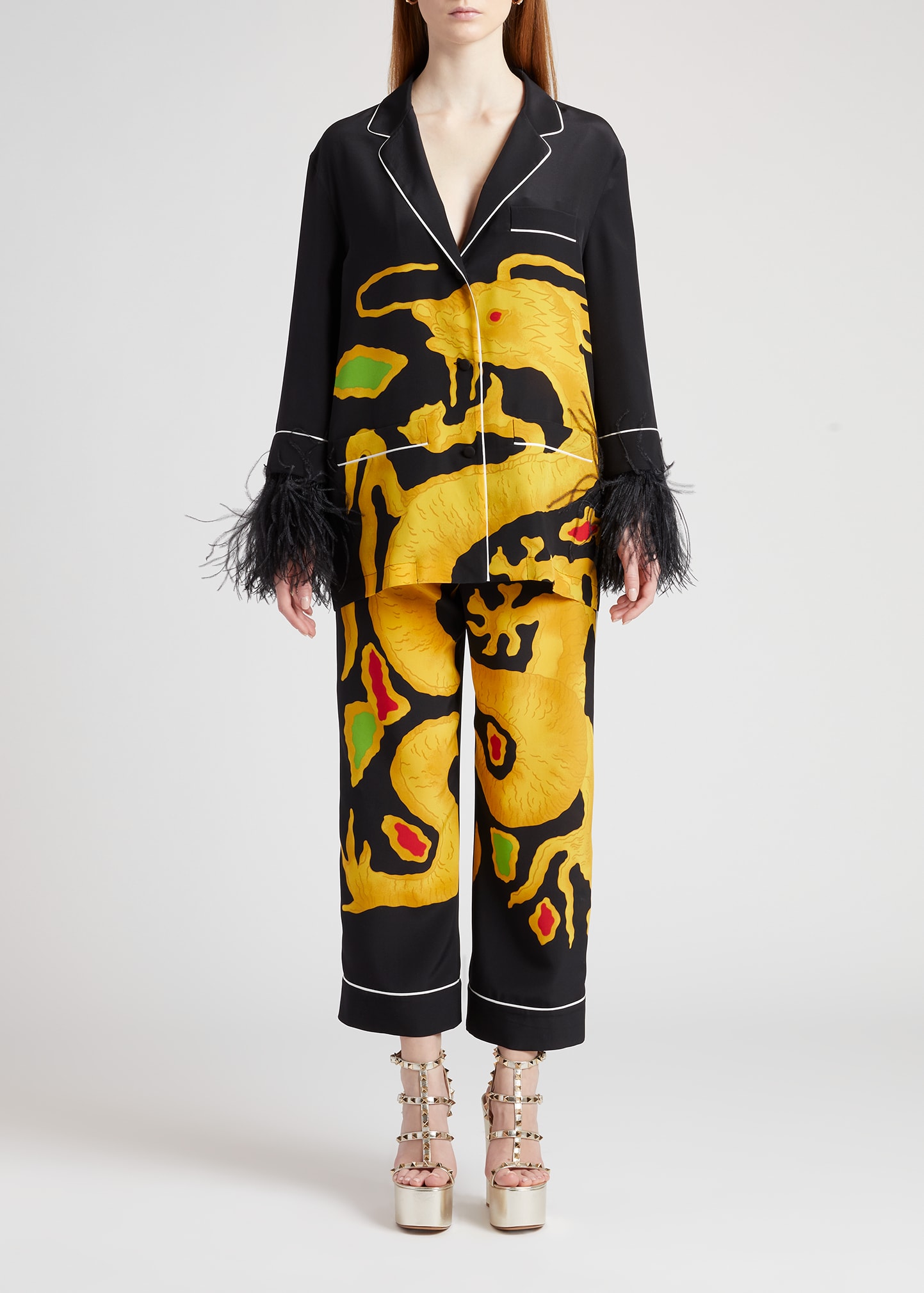 Dragon-Print Feather Trim Silk Pajama Top