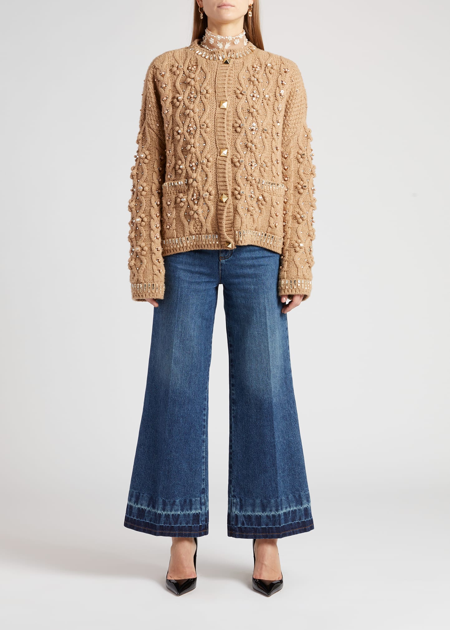 Embellished Cable-Knit Wool Cardigan