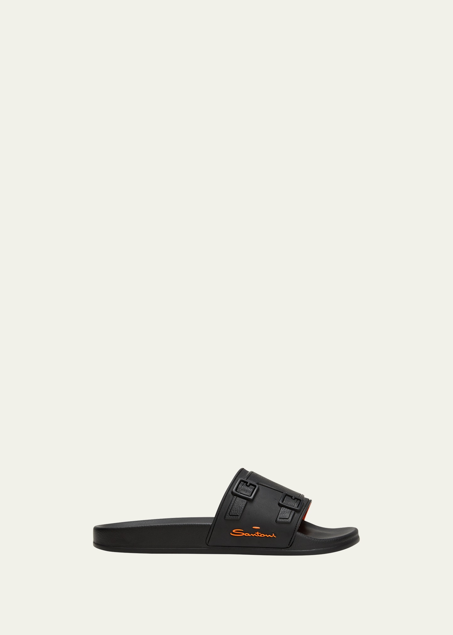 Santoni Men's Edison Rubber Double Buckle Style Slides In Black
