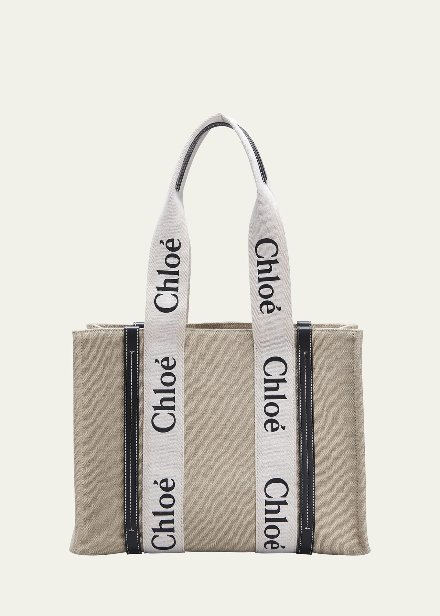 Chloé Woody Medium Linen Leather Tote Bag In White/navy