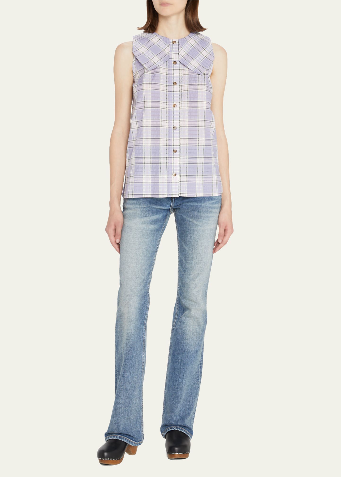Ganni Seersucker Checked Sleeveless Button-front Shirt In Check Persian Vio