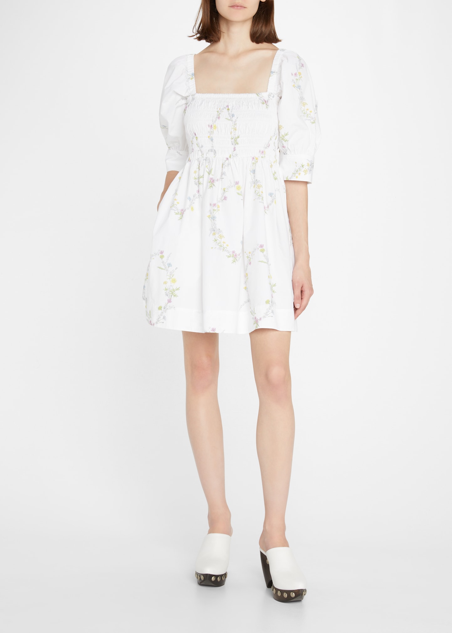 Poplin Floral Smocked Puffed-Sleeve Mini Dress