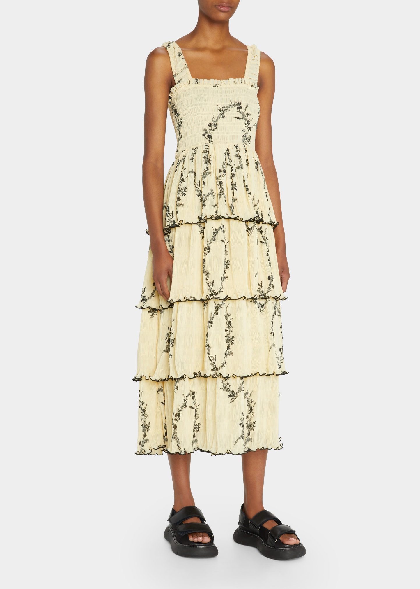 Ganni Pleated Georgette Flounce Smock Midi Dress Floral Shadow Flan In  Yellow,black | ModeSens