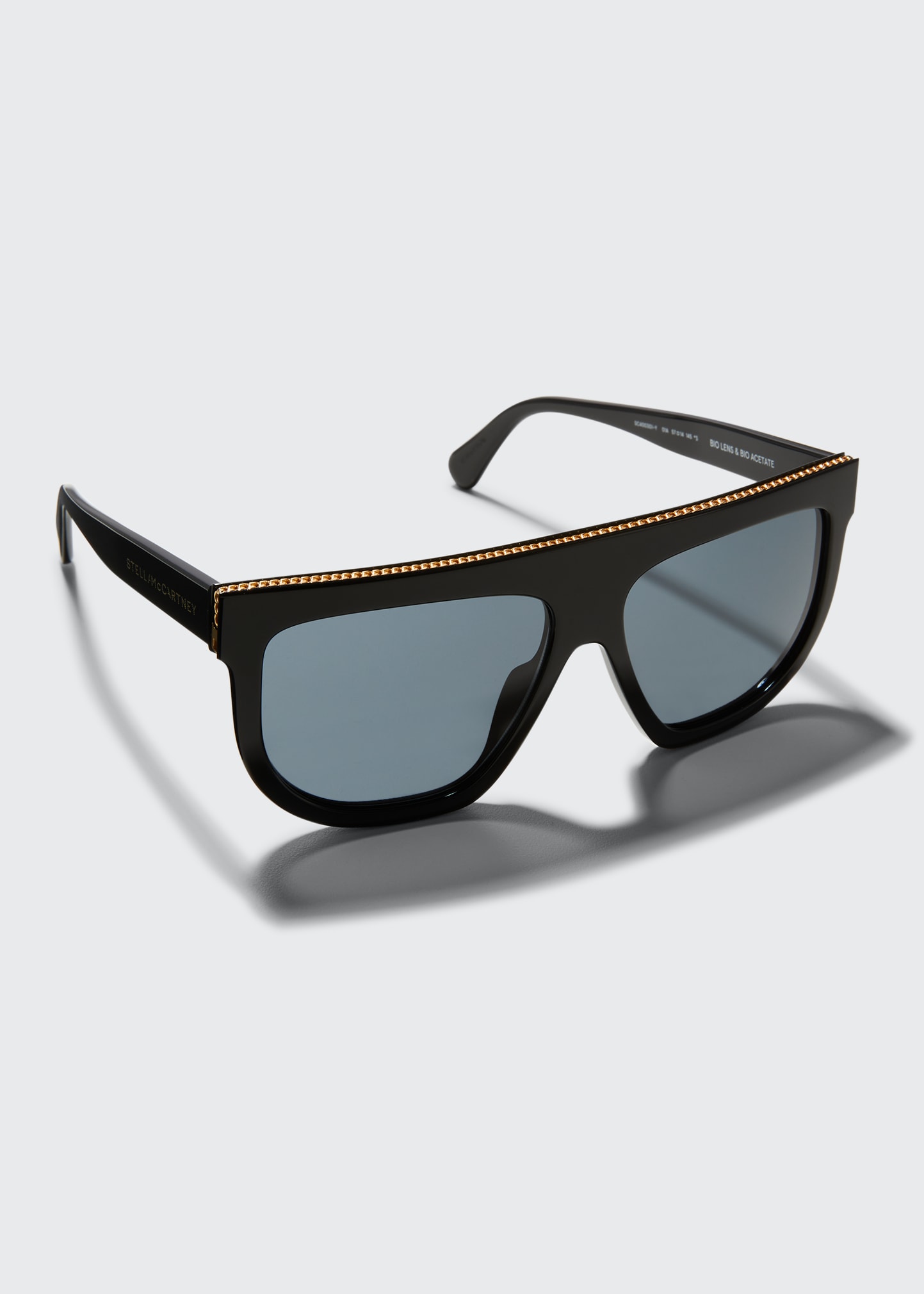 Stella Mccartney Bio-acetate Aviator Sunglasses W/ Chain Strap In Shiny Black