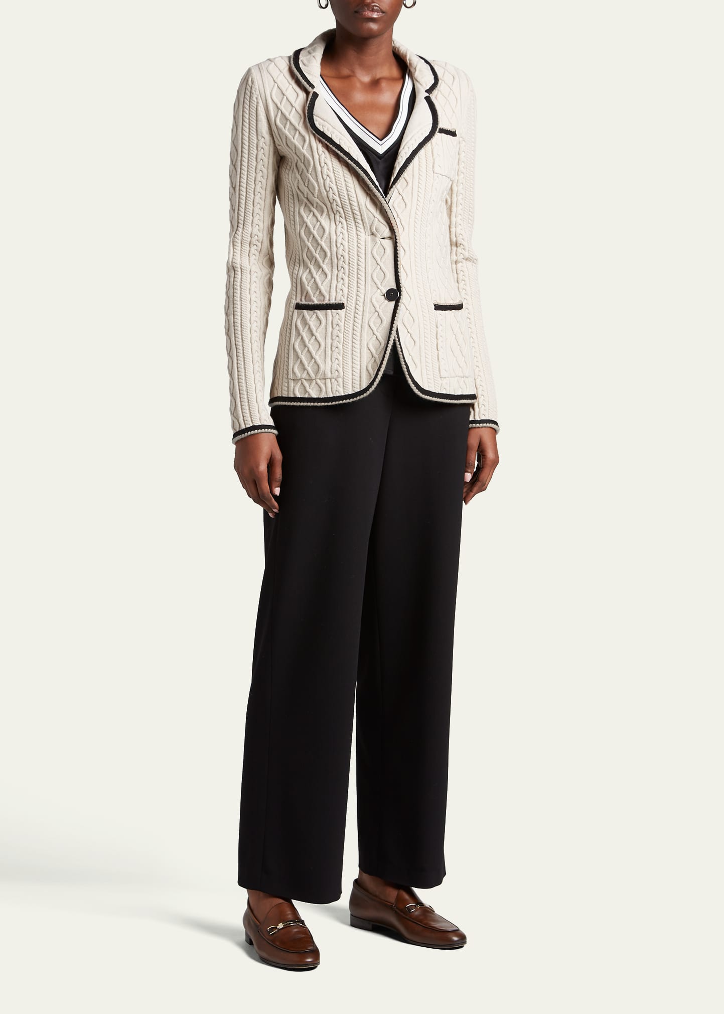Wool Cable-Knit Jacket with Contrast Tipping