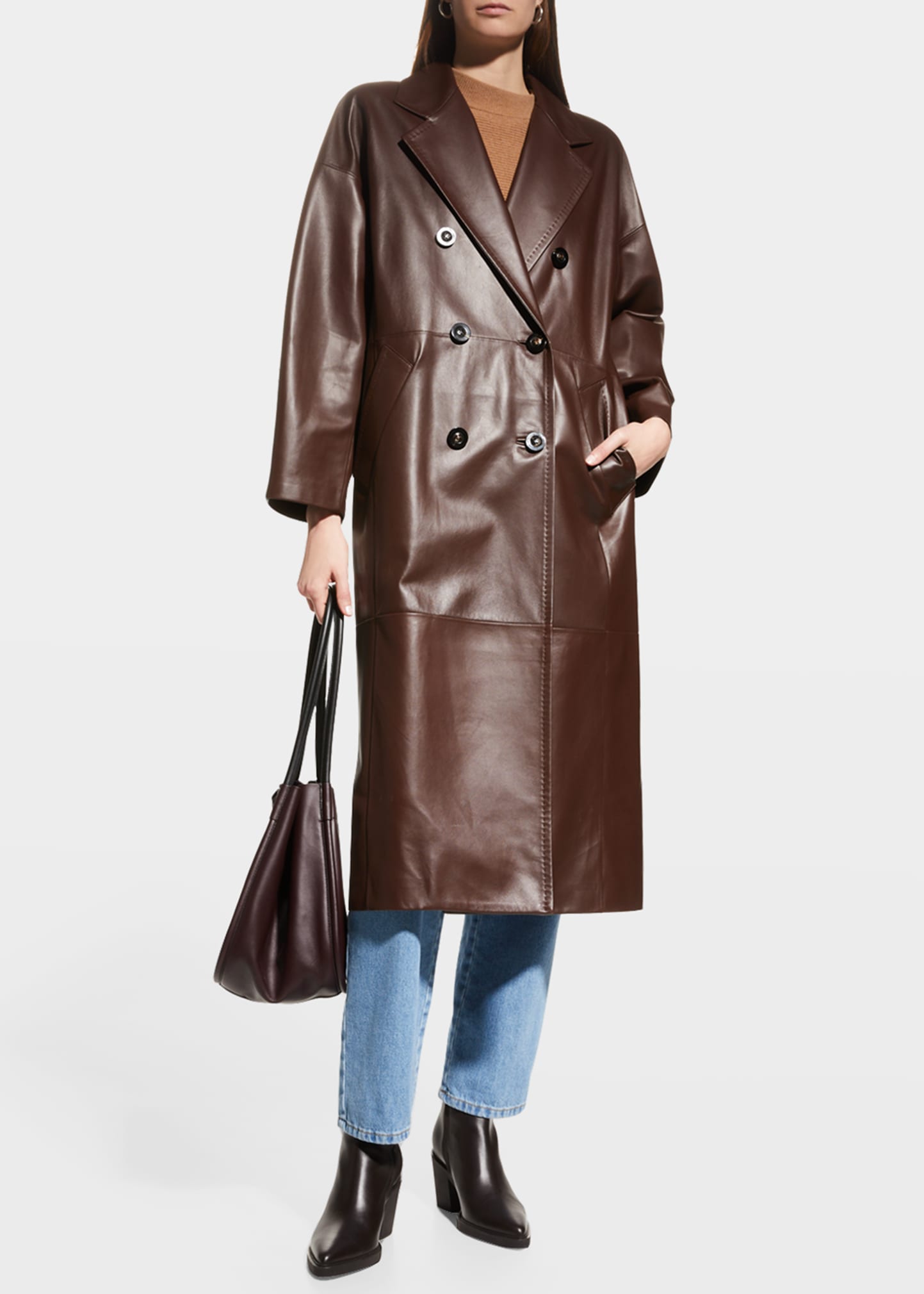 Max Mara Ussuri Double Breasted Leather Long Coat In Dark Brown