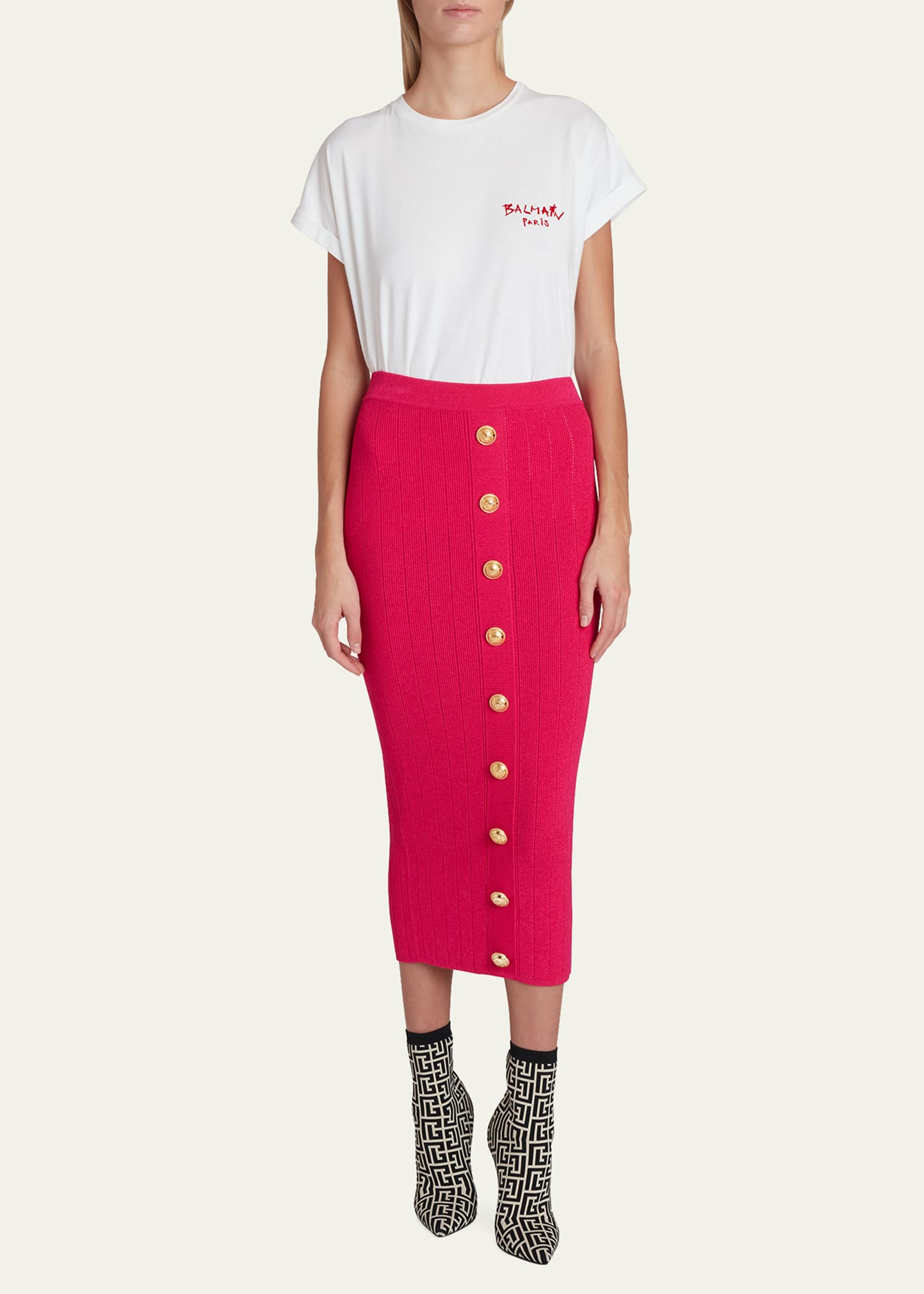 Balmain Button-Front Knit Pencil Midi Skirt