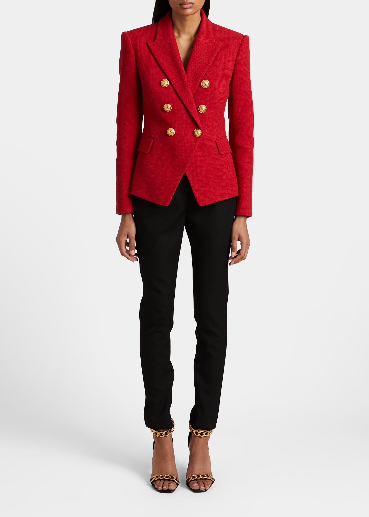 Balmain Embossed-button Double-breasted Blazer In Red