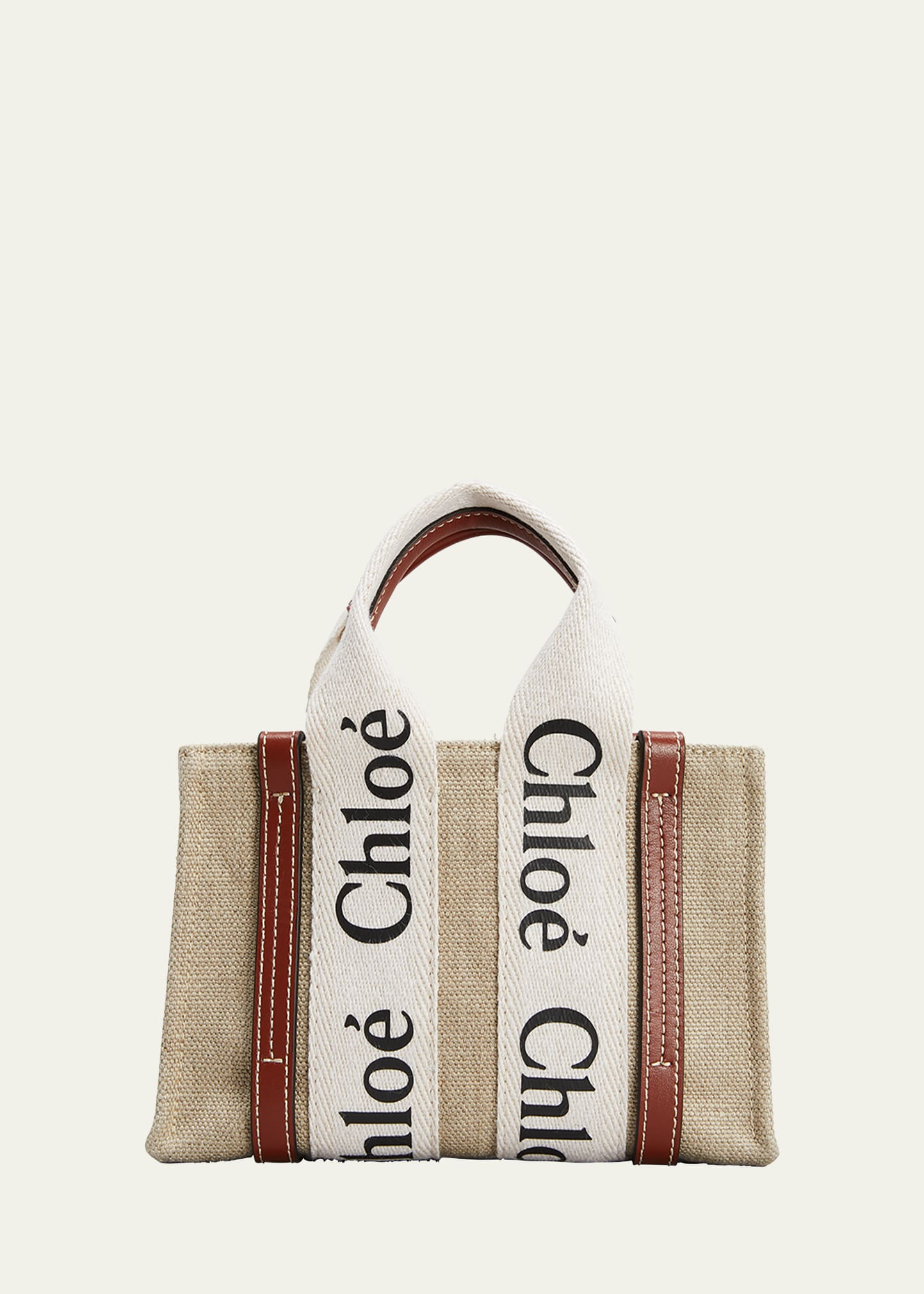 Chloé Woody Mini Eco Linen Tote Crossbody Bag In White Brown