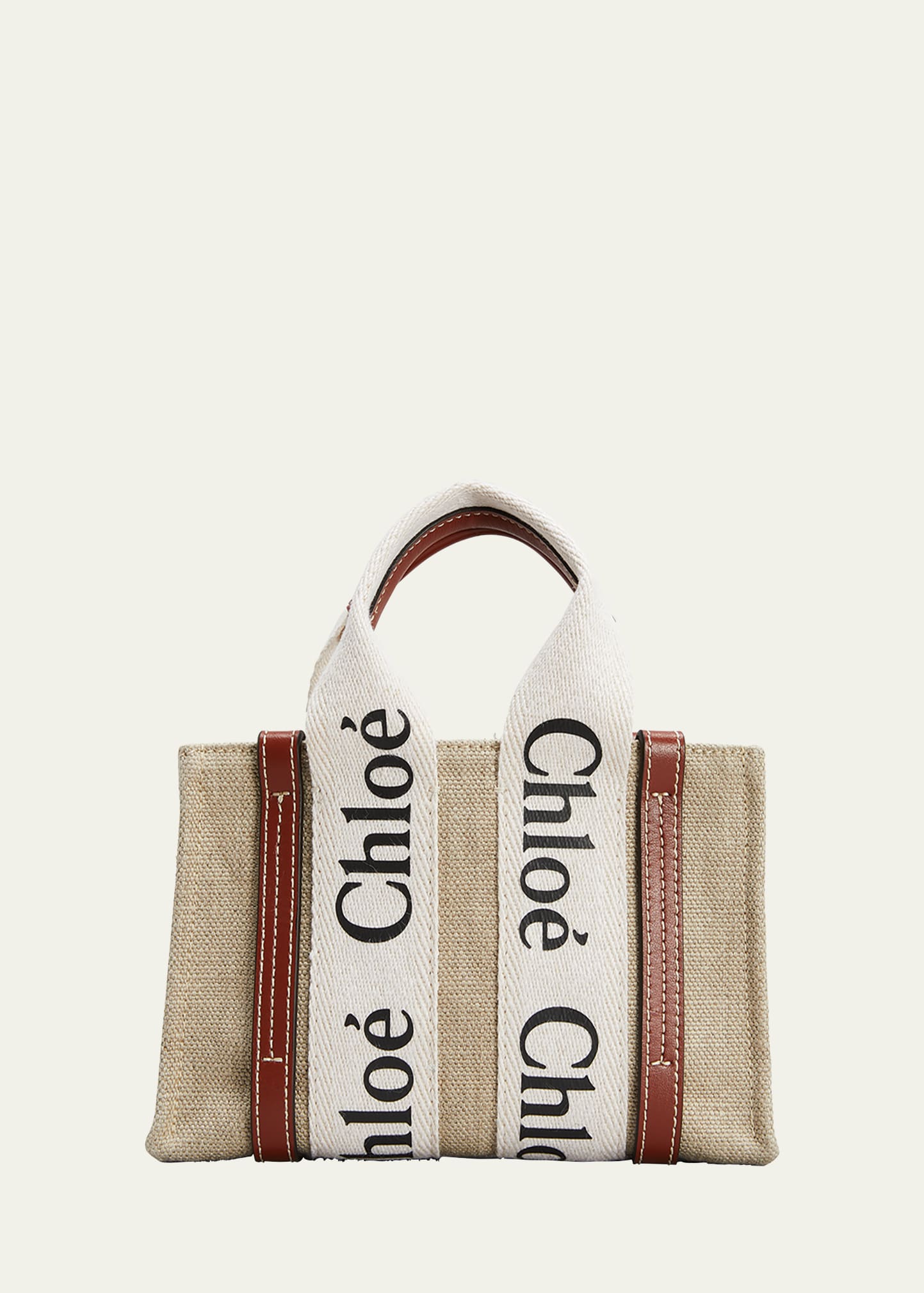 Chloé Woody Medium Whipstitched Leather-trimmed Linen-canvas Tote In White Brown