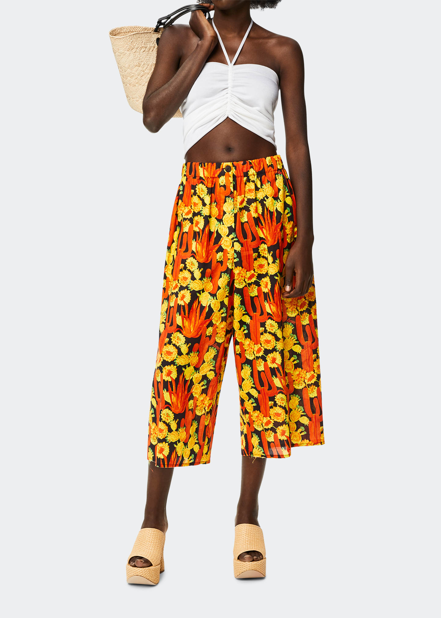 Cactus-Print Cropped Wide-Leg Pants