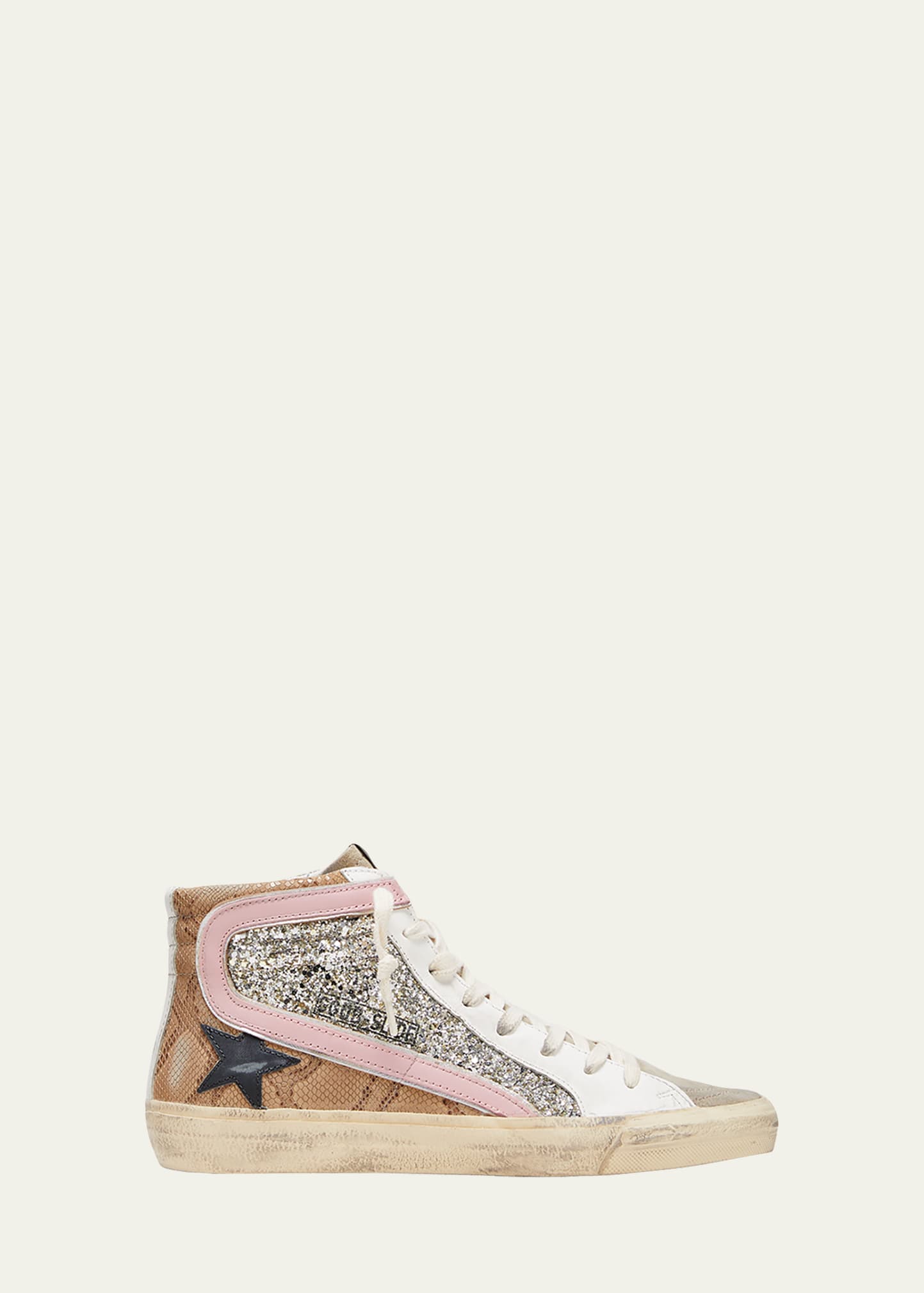 Shop Golden Goose Slide Mid-top Snake Glitter Sneakers In Platinum/beige/ta