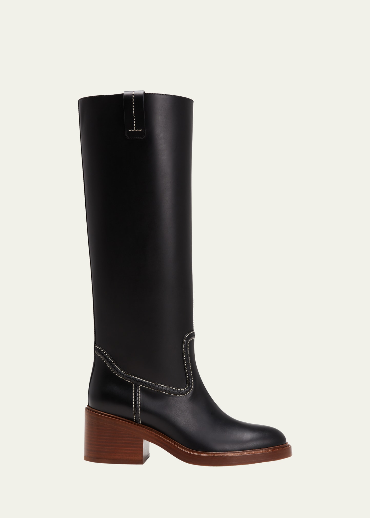 Chloé Leather Evening Under The Knee Boots With Visible Stitchings In Black