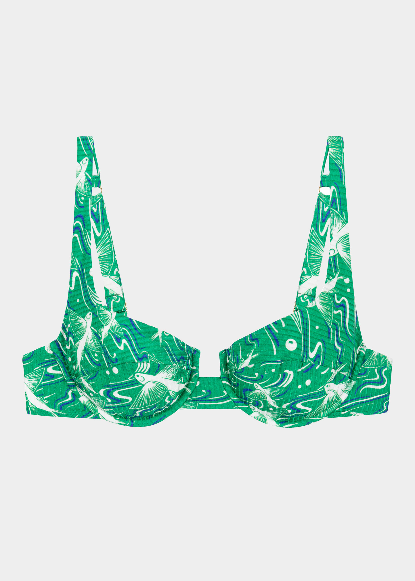 Fisch + Net Sustain Grenadins Ribbed Printed Stretch-econyl Underwired Bikini Top In Emerald Flying Fi