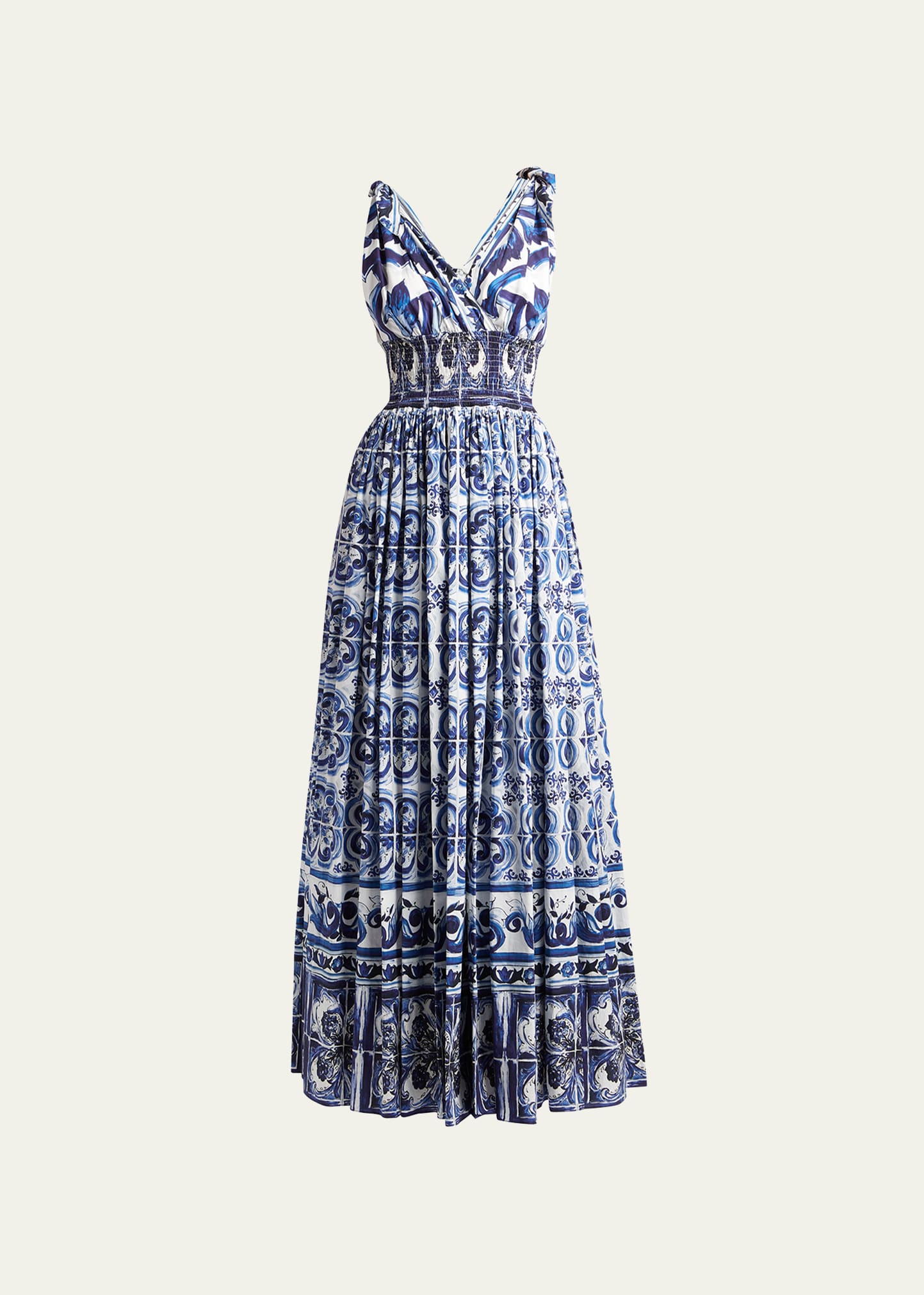 Dolce & Gabbana Open-back Shirred Printed Cotton-poplin Maxi Dress In Naturalwhi