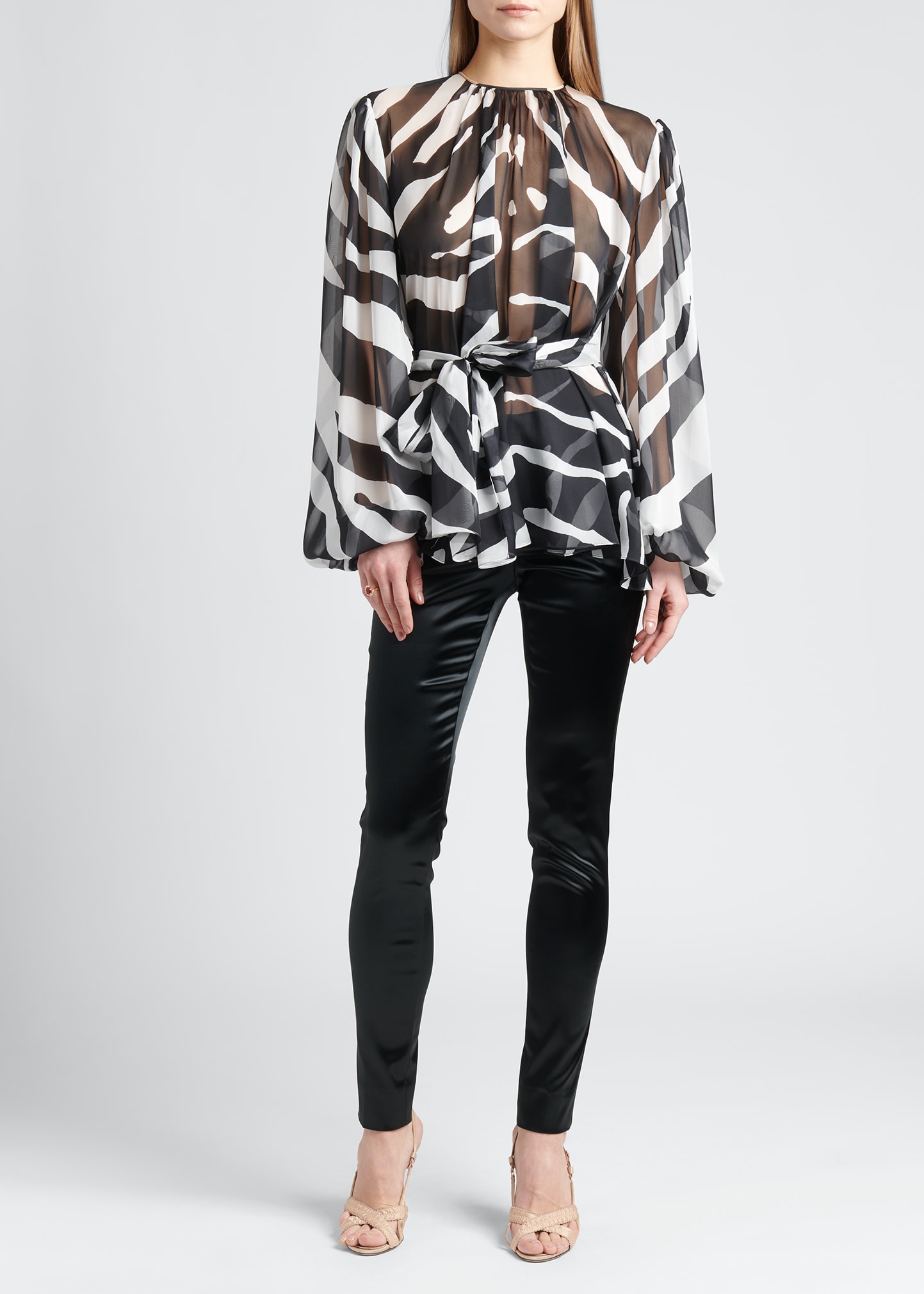 Dolce & Gabbana Belted Gathered Zebra-print Chiffon Blouse In Naturalwhi