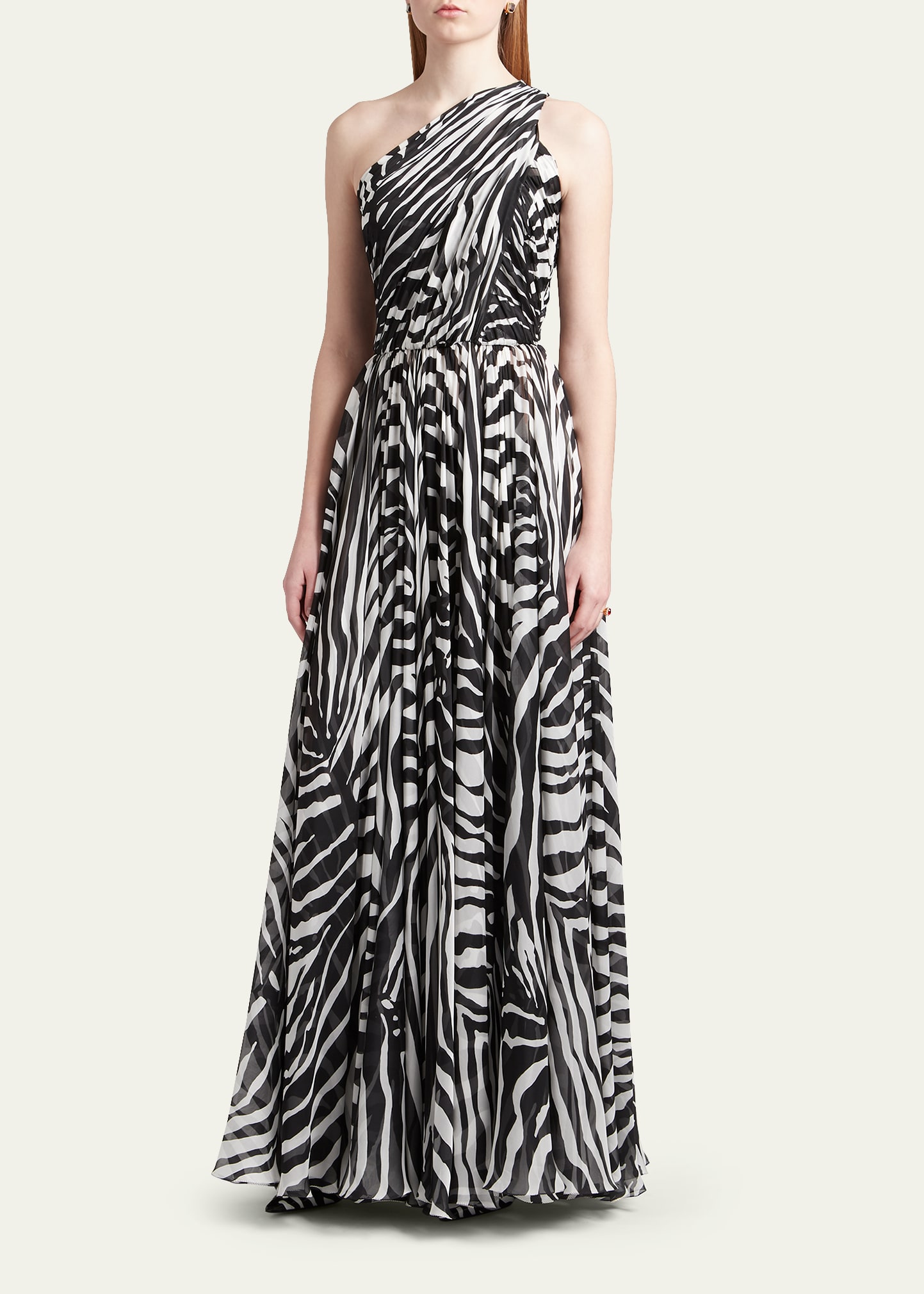 Dolce & Gabbana One-shoulder Zebra Print Silk Chiffon Gown In Naturalwhi