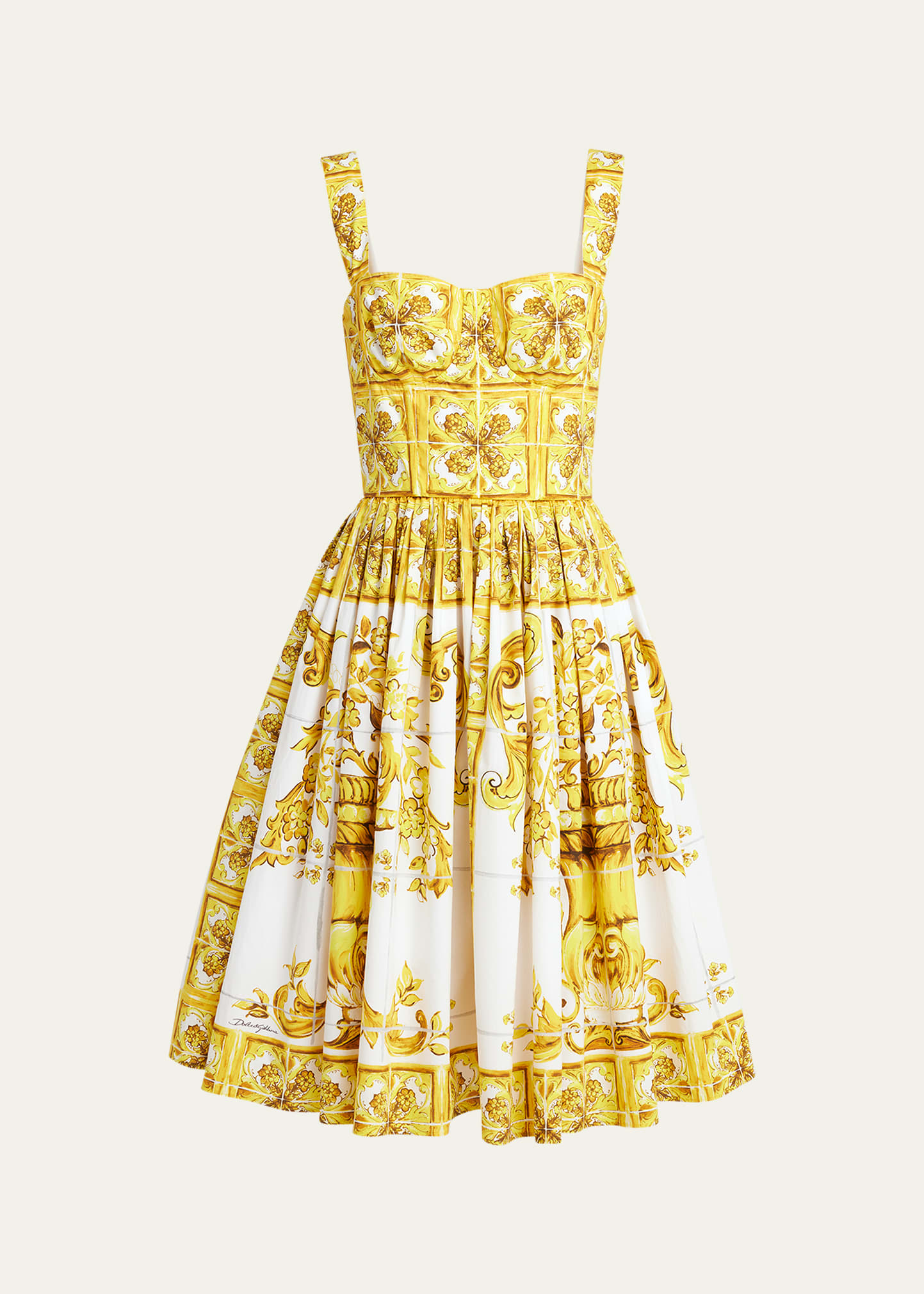 Shop Dolce & Gabbana Tile-print Pleated Poplin Bustier Dress In Yellow Prt