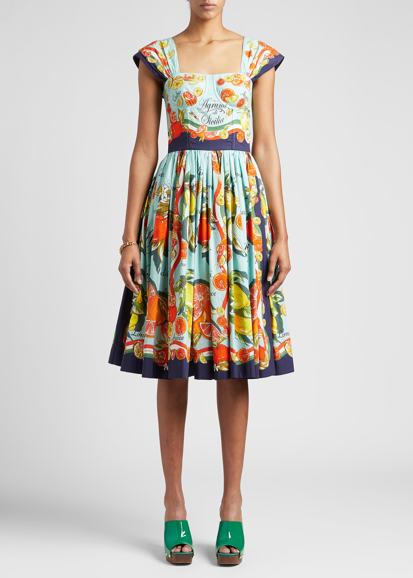 Dolce & Gabbana Agrumi Di Sicilia Cotton Poplin Corset Dress In Open Blue
