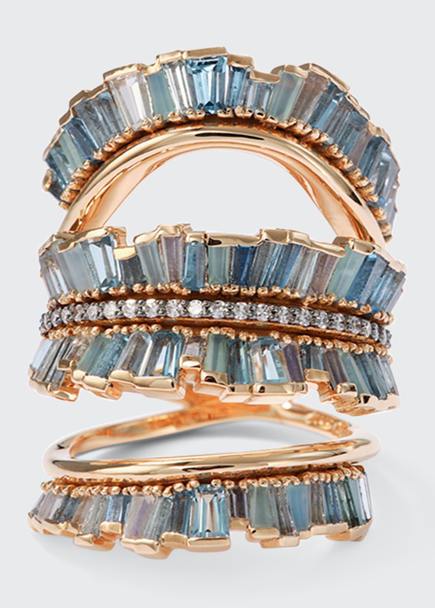 Nak Armstrong Triple Ruched Ribbon Ring With Aquamarine, Blue Moonstone, Blue Peruvian Opal And White Diamond Pave In Rg