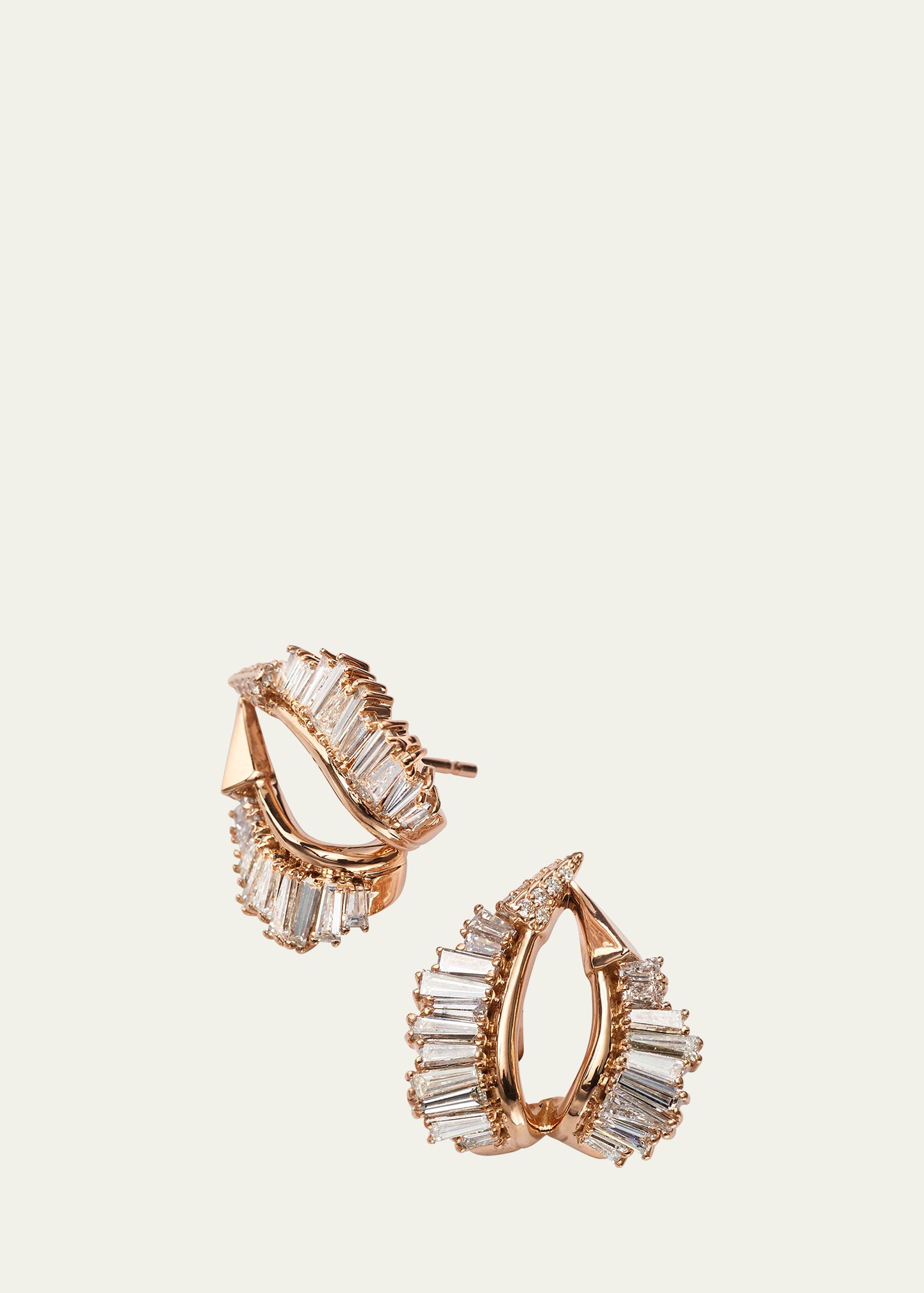 Nak Armstrong Double Ruched Earrings With White Diamond Tapered Baguettes And Rounds In Recycled Rose Gold In Rg