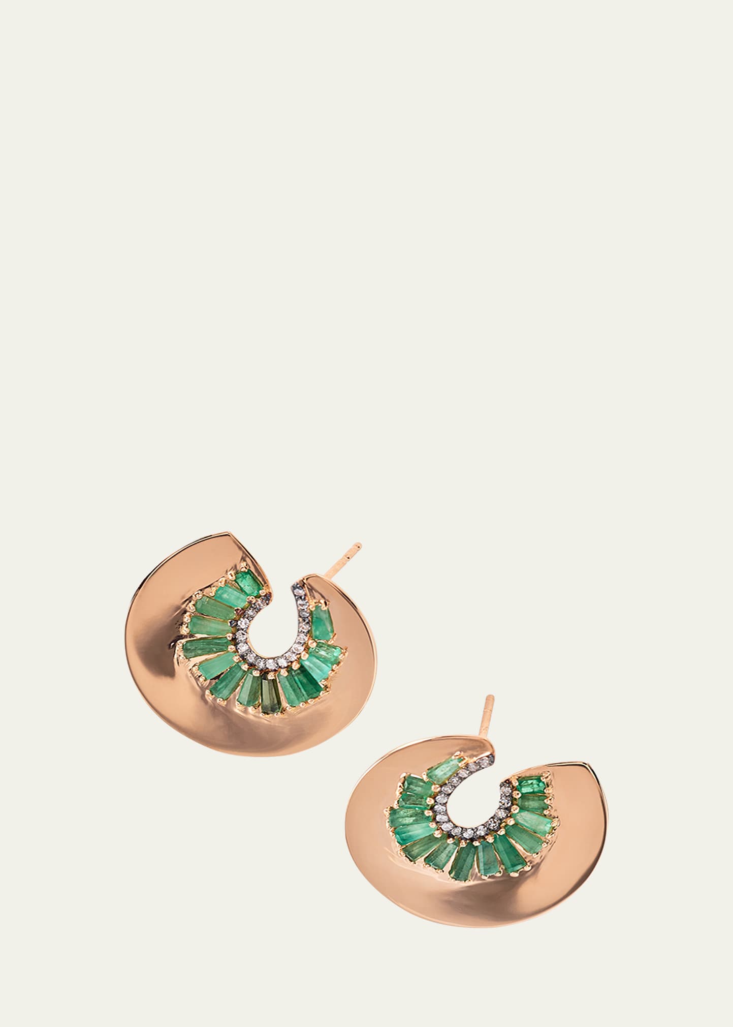 Nak Armstrong Aperture Bypass Hoop Earrings With White Diamonds And Emeralds In Recycled Rose Gold In Rg