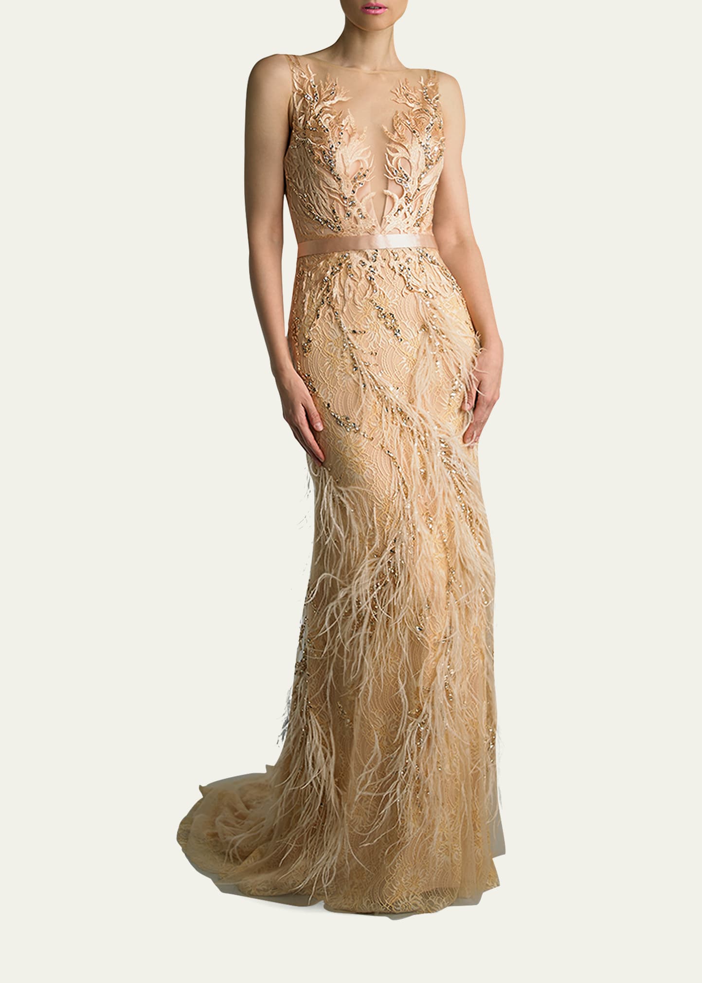 Basix Feathered Lace Deep V-Neck Gown