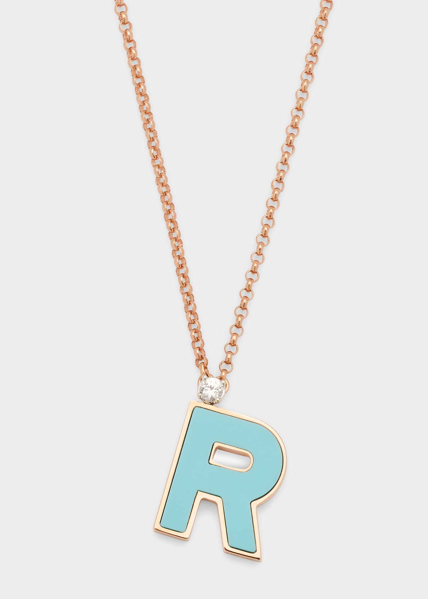 Rose Gold 'R' Letter Charm Necklace with Turquoise and White Sapphire