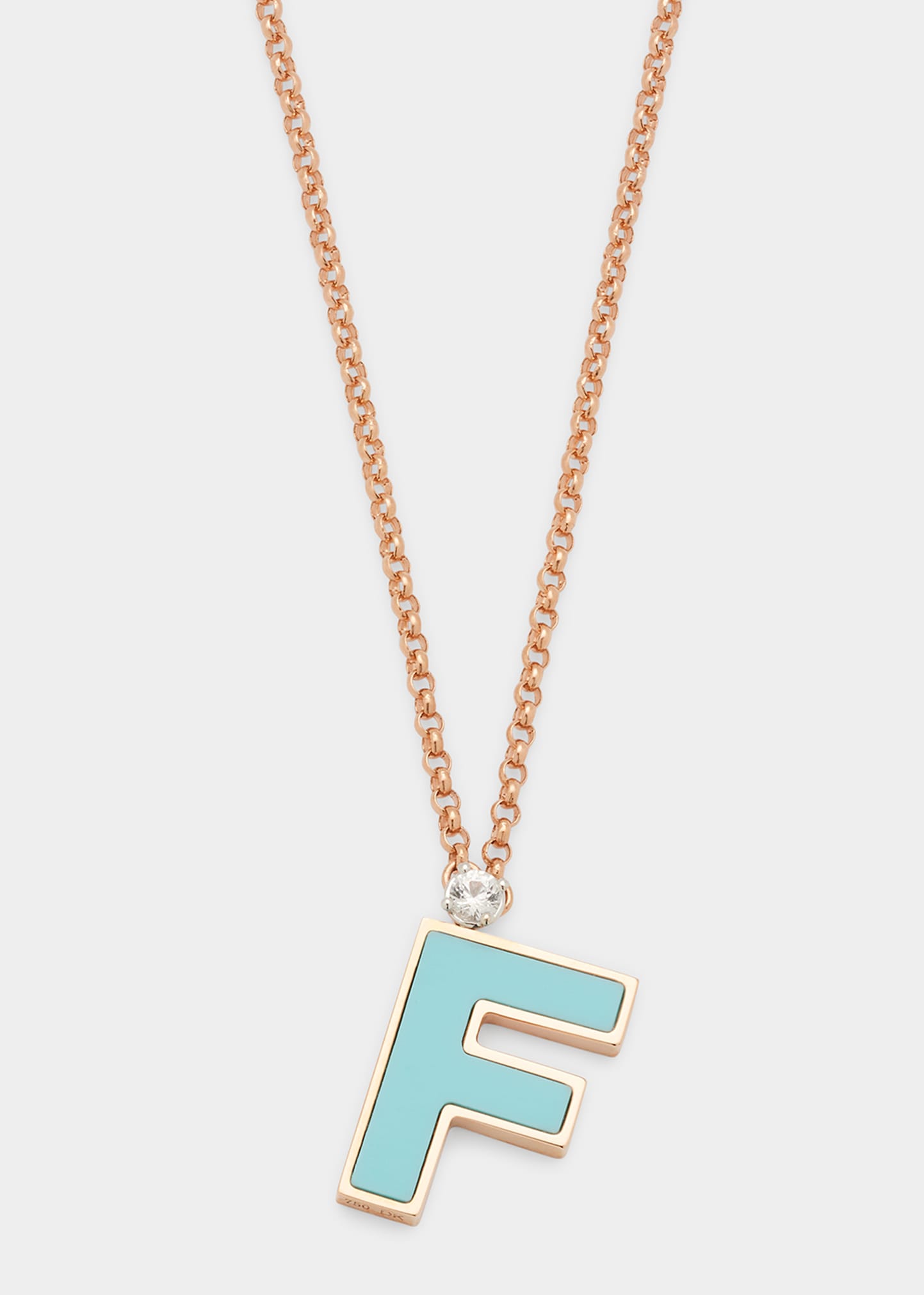 Rose Gold 'F' Letter Charm Necklace with Turquoise and White Sapphire
