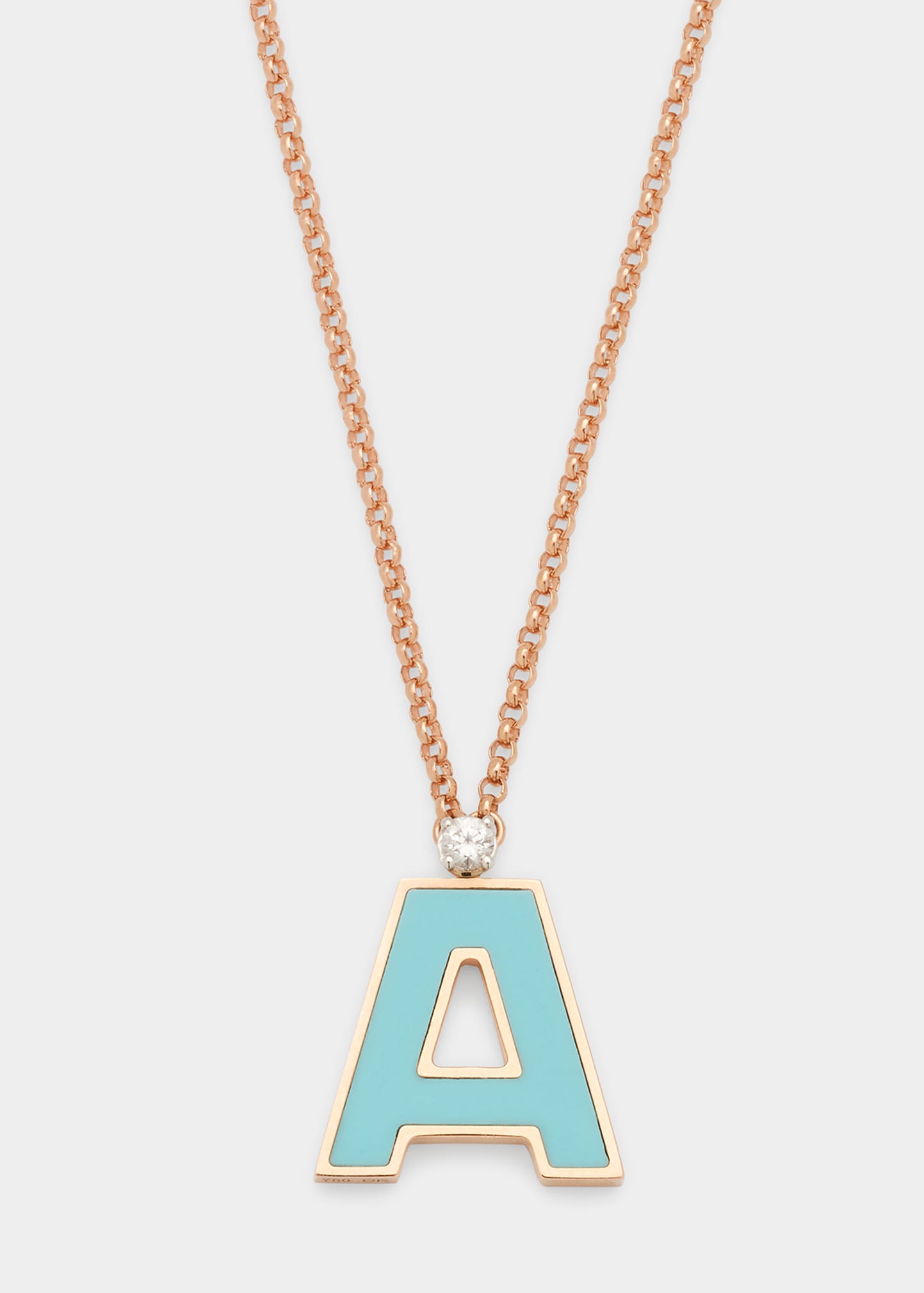 Rose Gold 'A' Letter Charm Necklace with Turquoise and White Sapphire