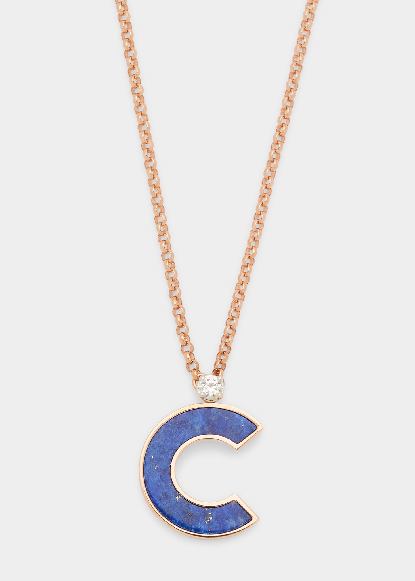 Rose Gold 'C' Letter Charm Necklace with Lapis and White Sapphire