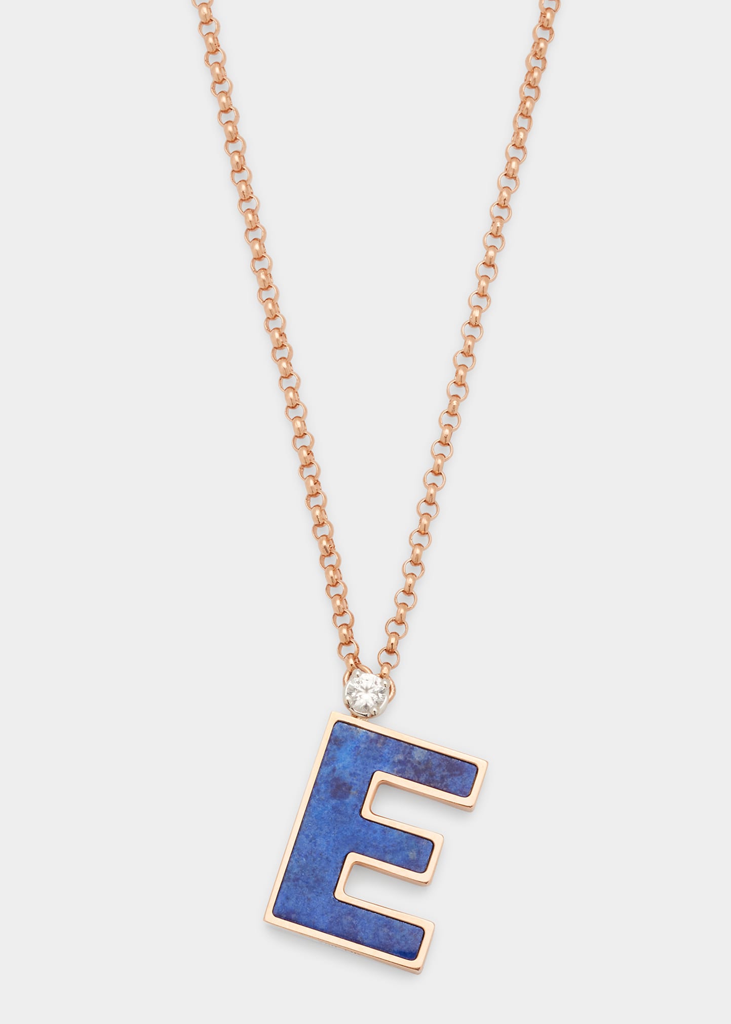 Rose Gold Letter E Charm Necklace with Lapis and White Sapphire