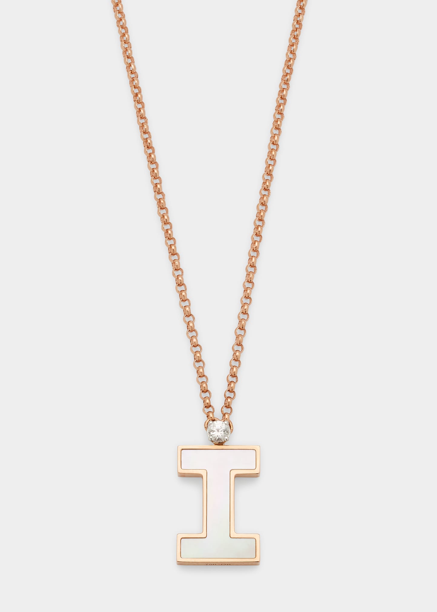 Rose Gold 'I' Letter Charm Necklace with Mother-of-Pearl and White Sapphire