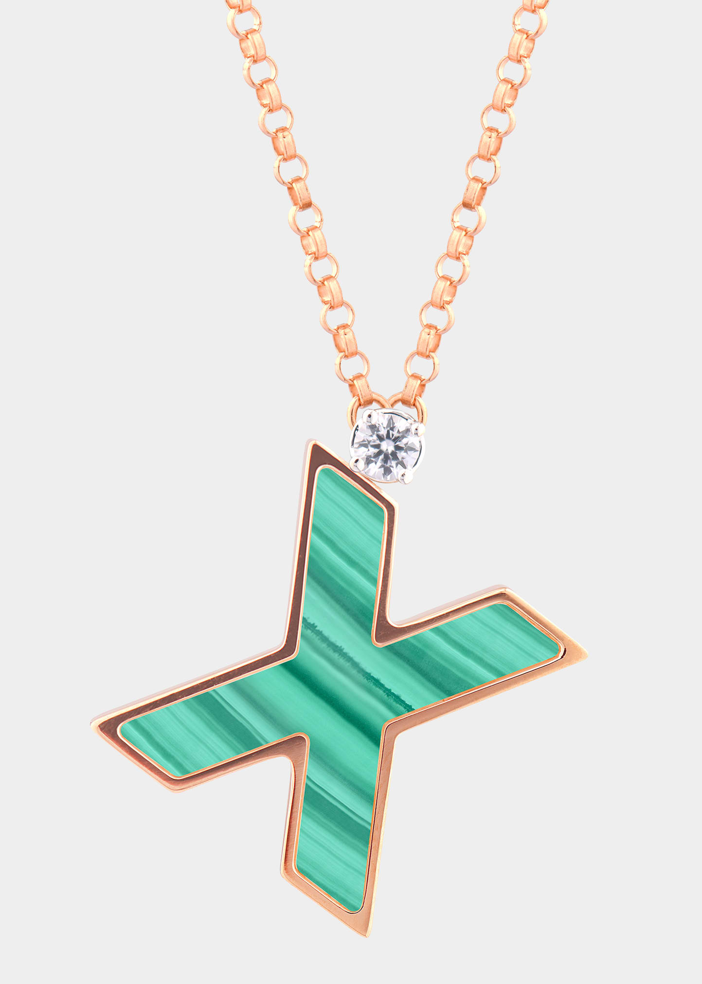 Rose Gold 'X' Letter Charm Necklace with Malachite and White Sapphire
