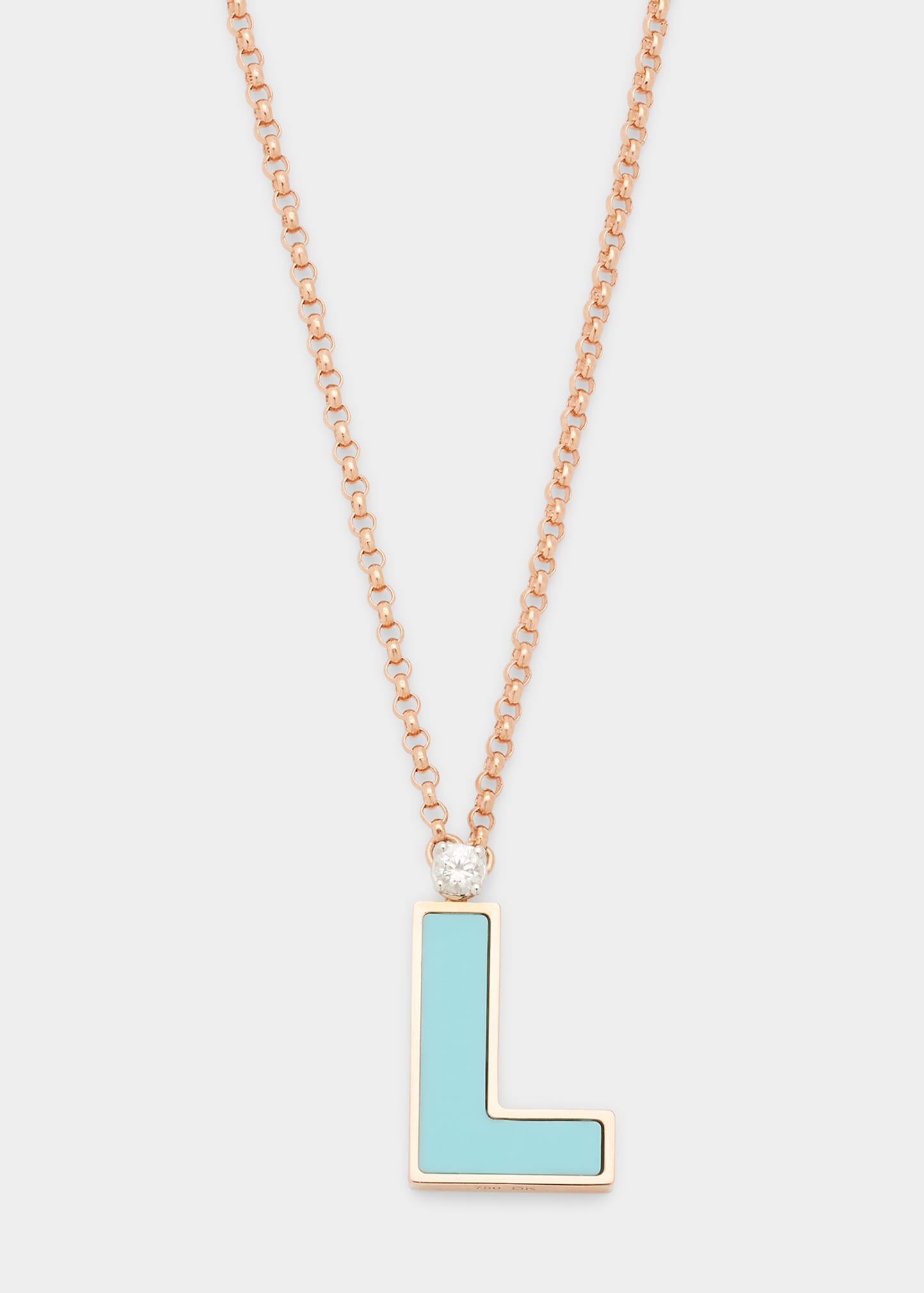 Rose Gold 'L' Letter Charm Necklace with Turquoise and White Sapphire