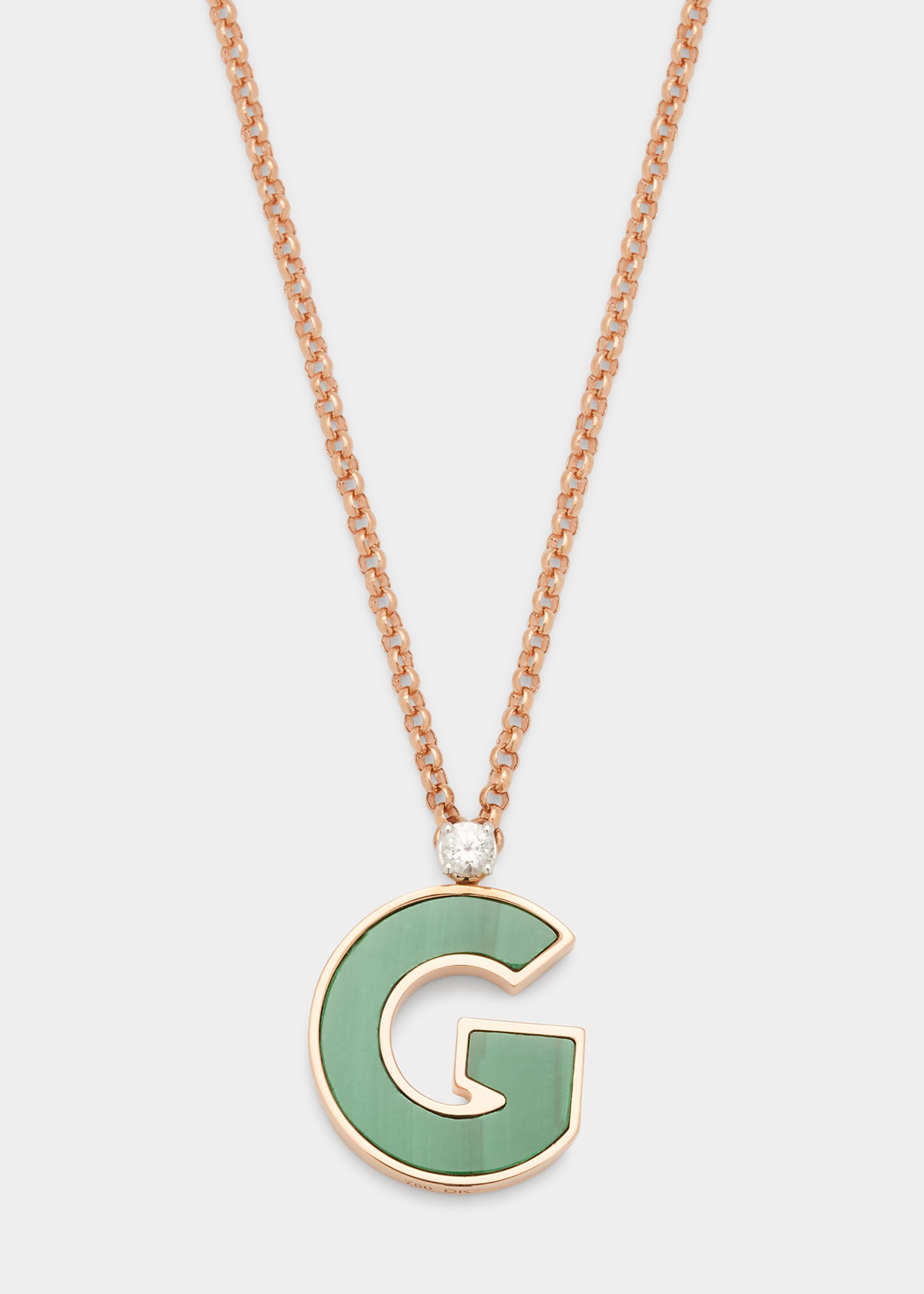 Rose Gold 'G' Letter Charm Necklace with Malachite and White Sapphire