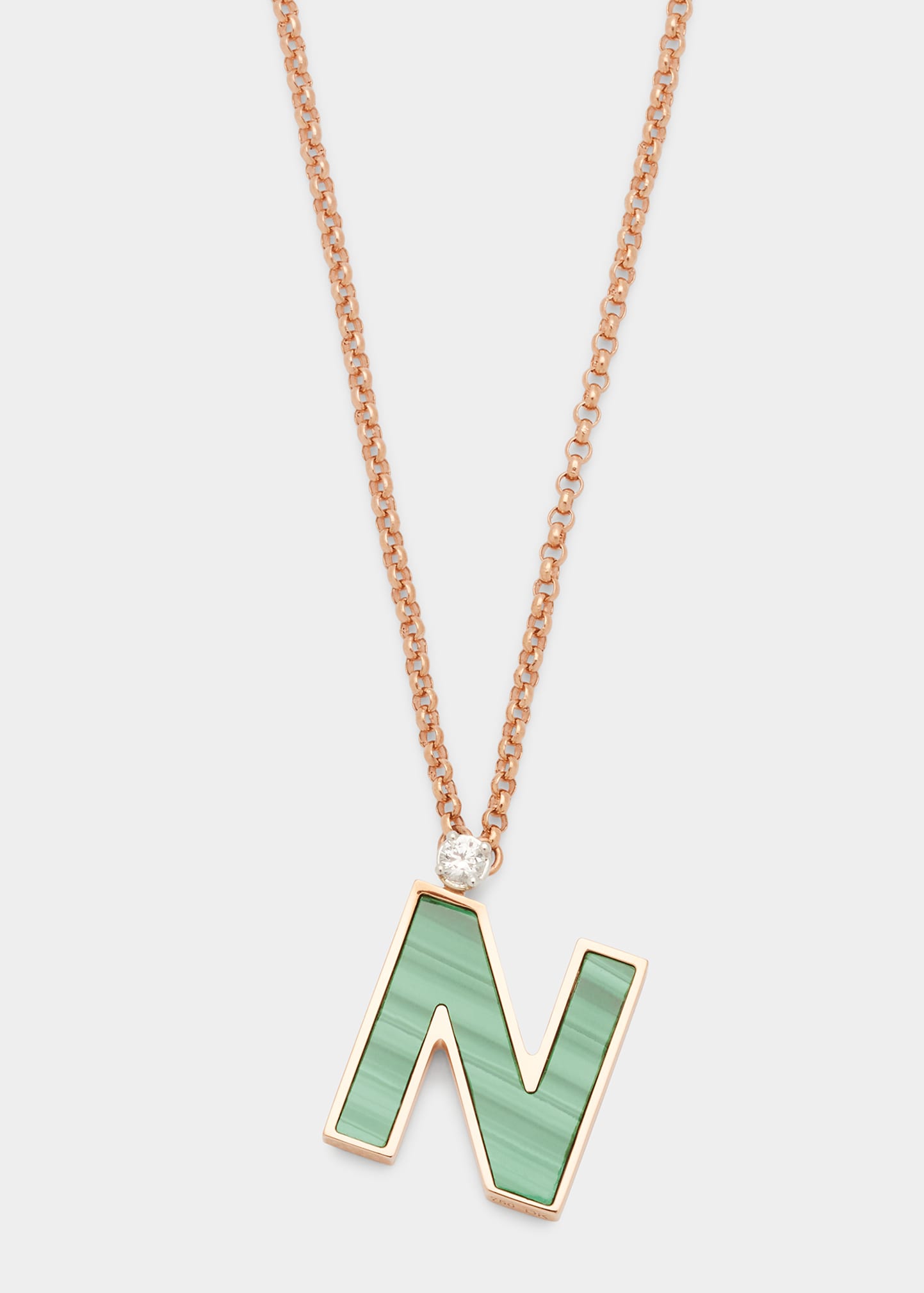 Rose Gold 'N' Letter Charm Necklace with Malachite and White Sapphire