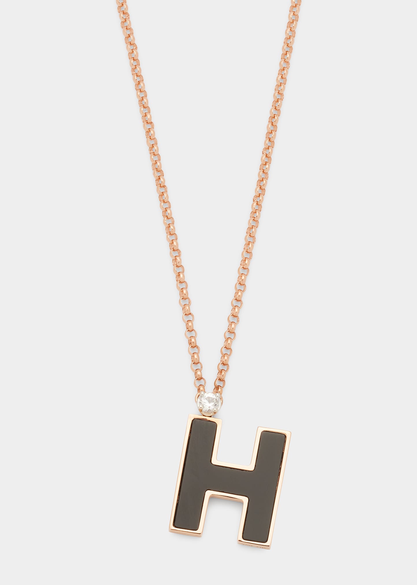 Rose Gold 'H' Letter Charm Necklace with Onyx and White Sapphire