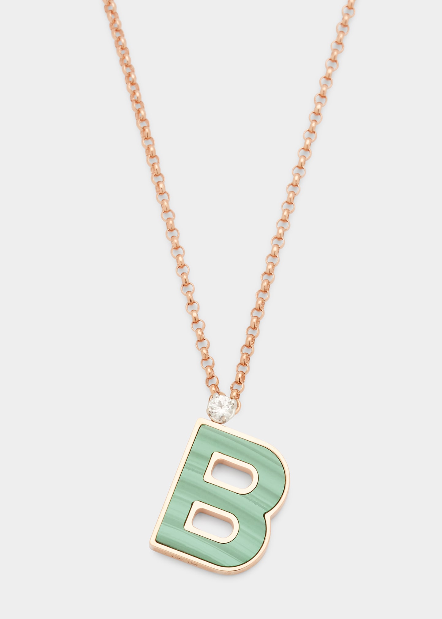 Rose Gold 'B' Letter Charm Necklace with Malachite and White Sapphire