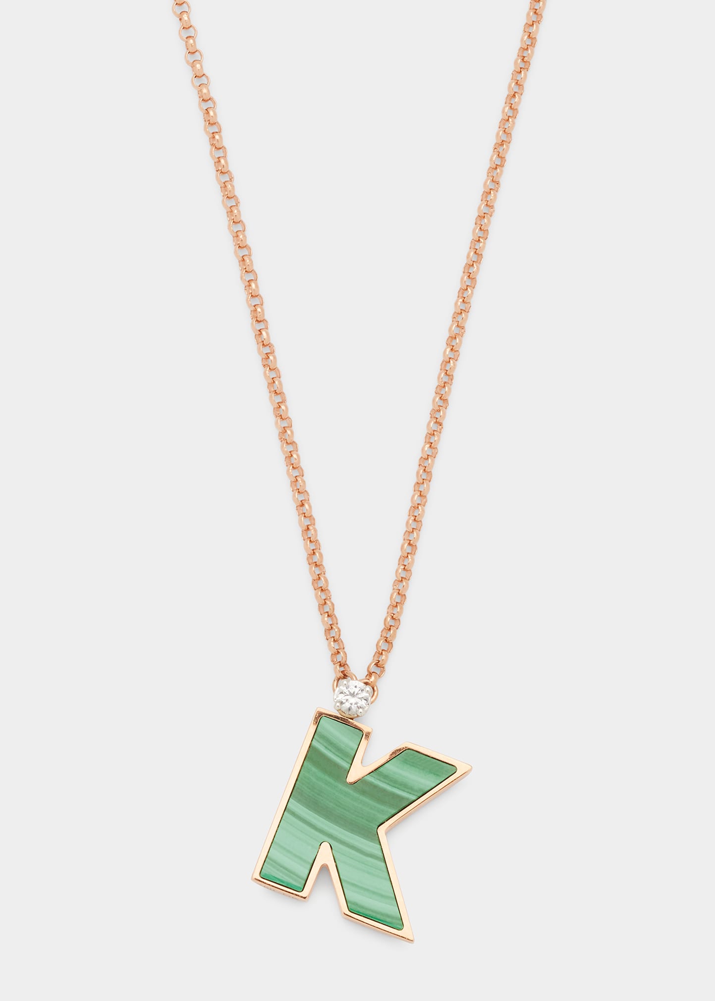 Rose Gold 'K' Letter Charm Necklace with Malachite and White Sapphire