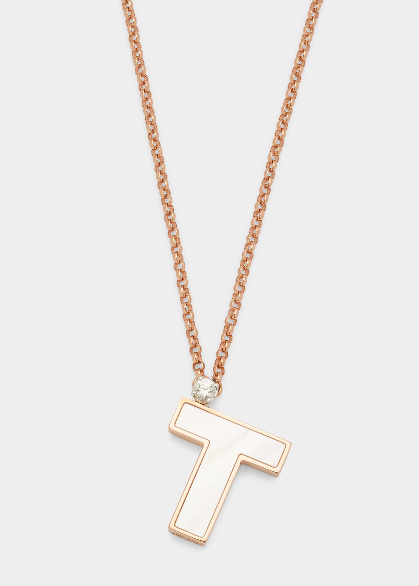 Rose Gold 'T' Letter Charm Necklace with Mother-of-Pearl and White Sapphire