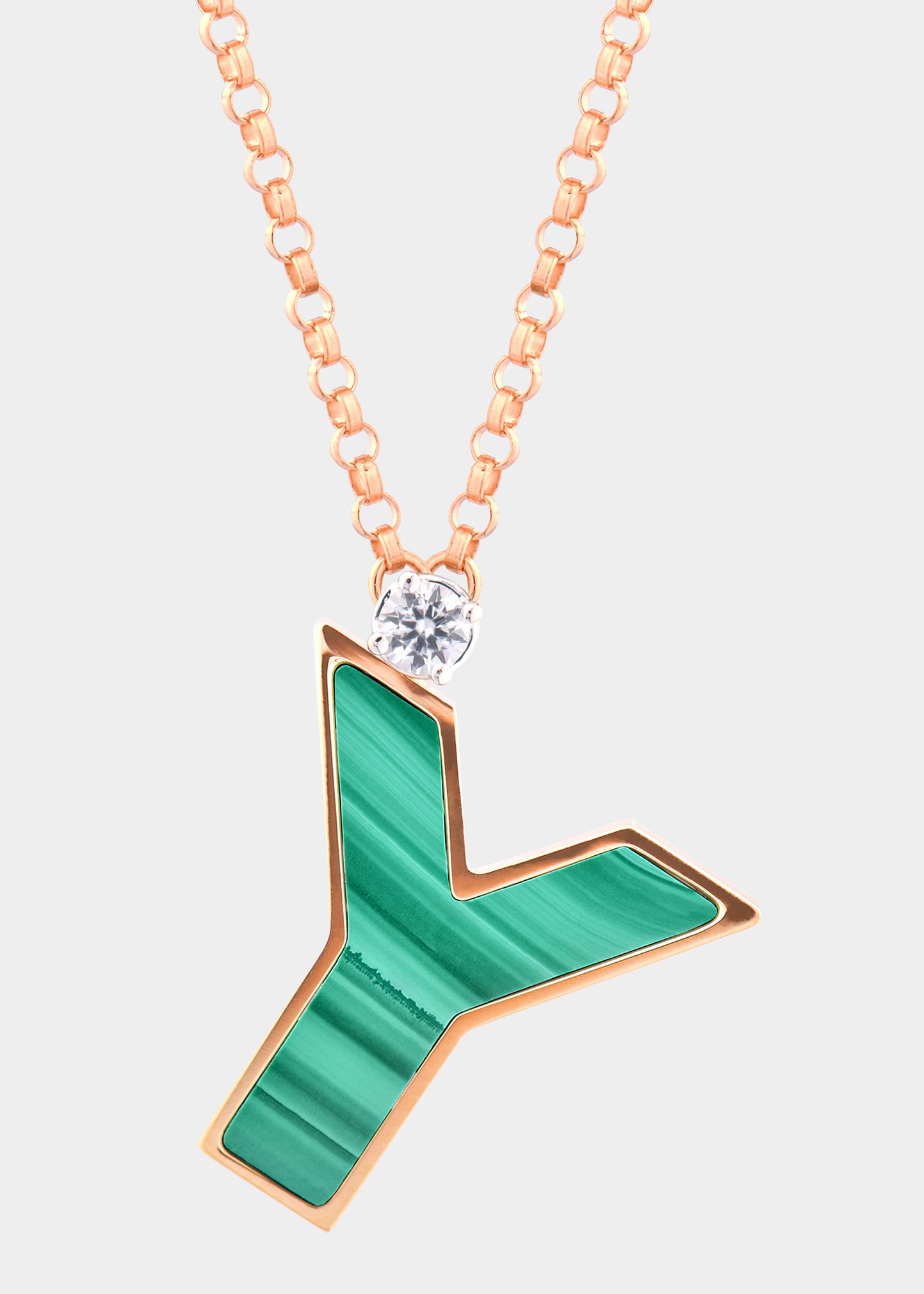 Rose Gold 'Y' Letter Charm Necklace with Malachite and White Sapphire