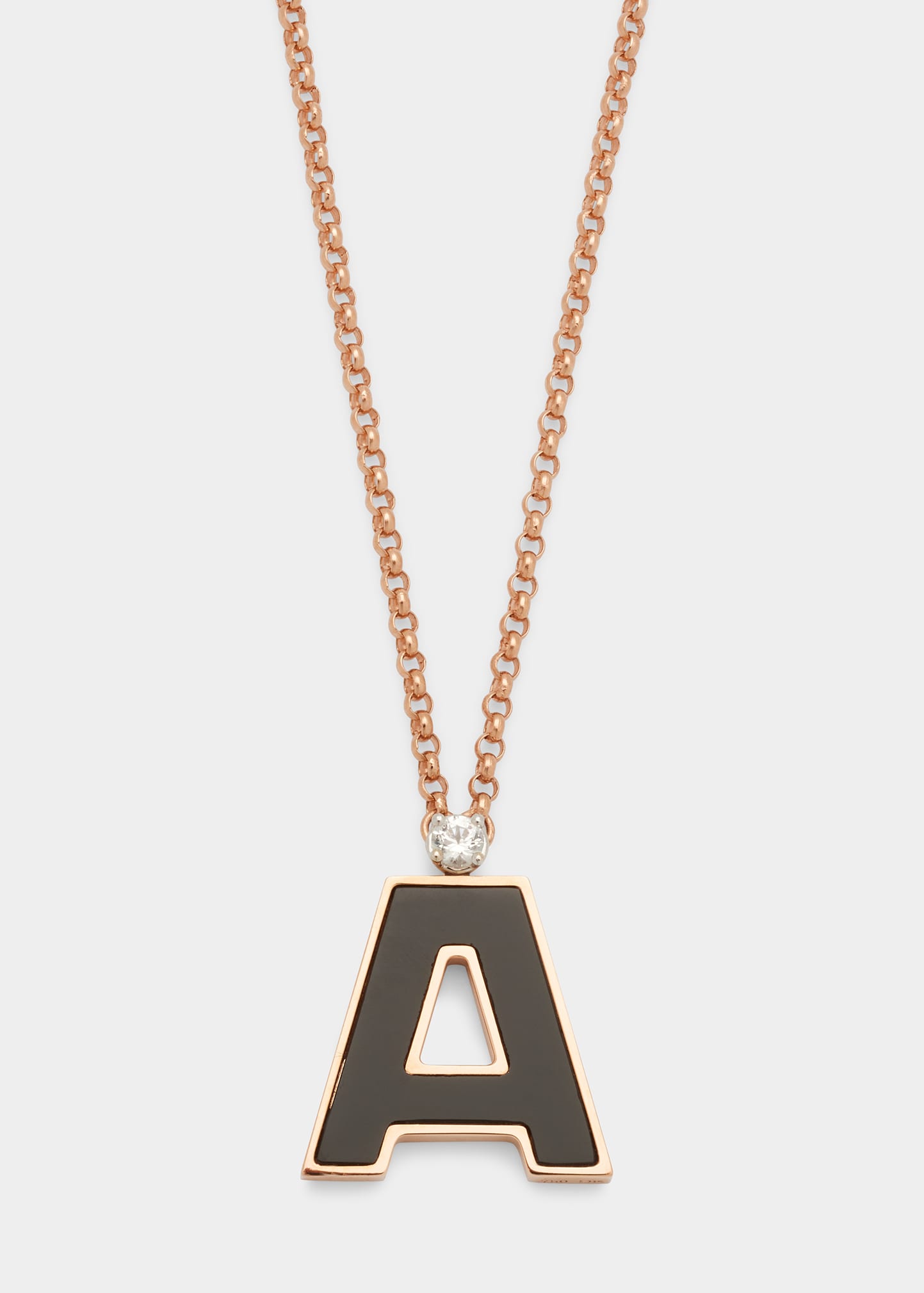 Rose Gold 'A' Letter Charm Necklace with Onyx and White Sapphire