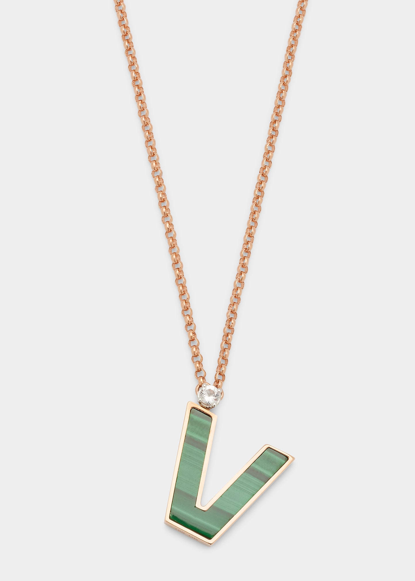Rose Gold 'V' Letter Charm Necklace with Malachite and White Sapphire