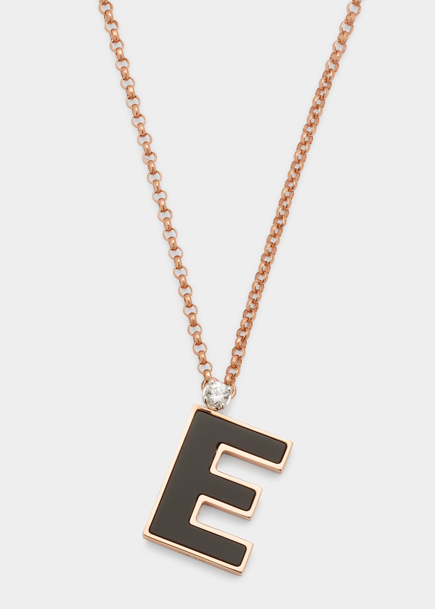 Rose Gold 'E' Letter Charm Necklace with Onyx and White Sapphire