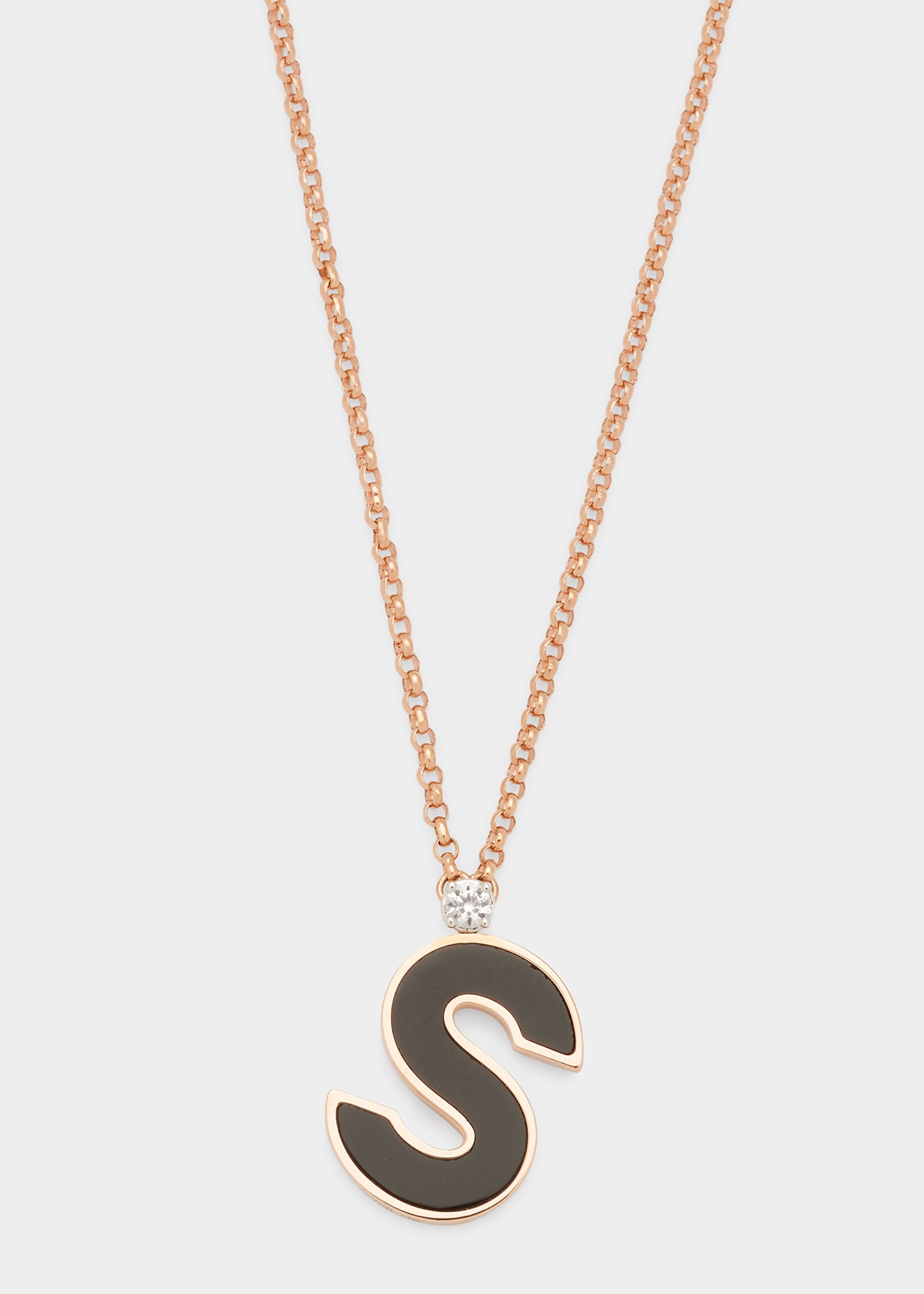 Rose Gold 'S' Letter Charm Necklace with Onyx and White Sapphire